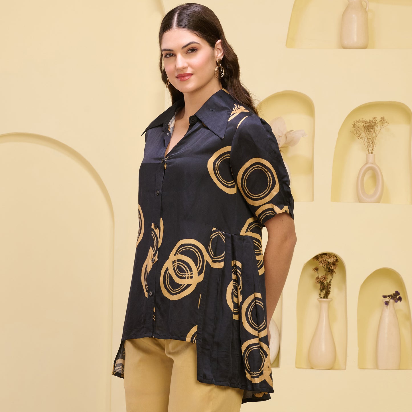 Black and Golden Powerful Print Pleated Shirt