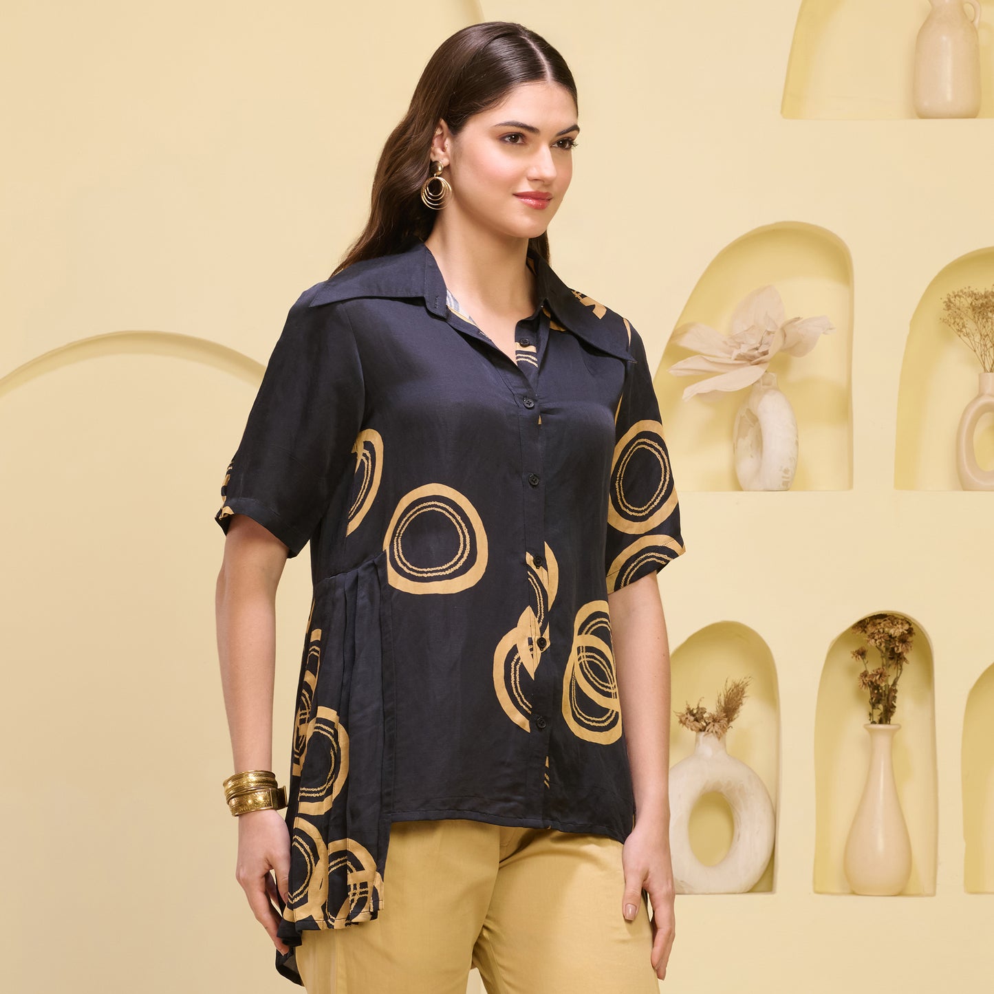 Black and Golden Powerful Print Pleated Shirt