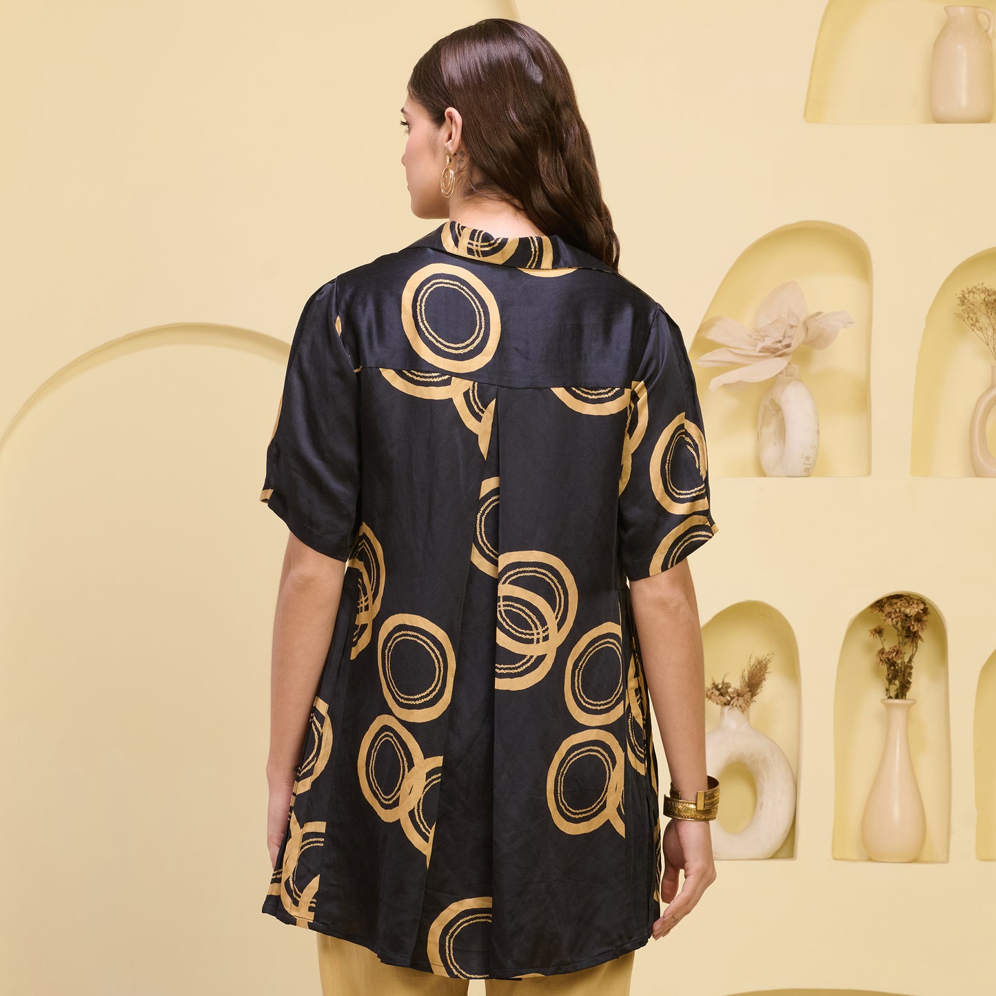 Black and Golden Powerful Print Pleated Shirt