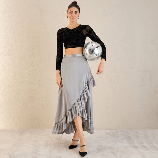 Grey Satin Frill Long Skirt