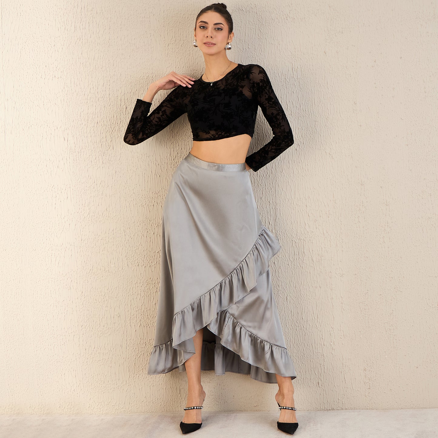 Grey Satin Frill Long Skirt