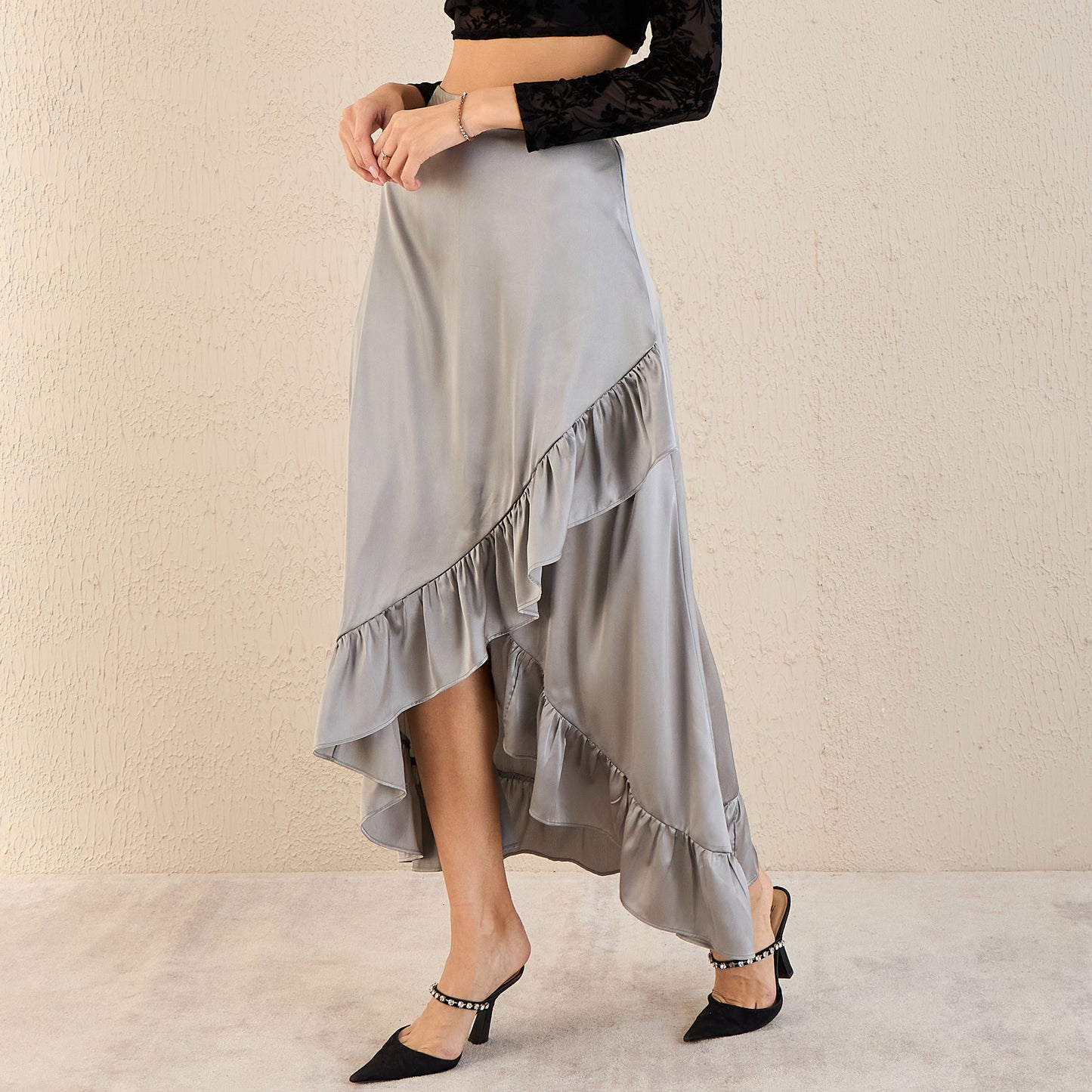 Grey Satin Frill Long Skirt