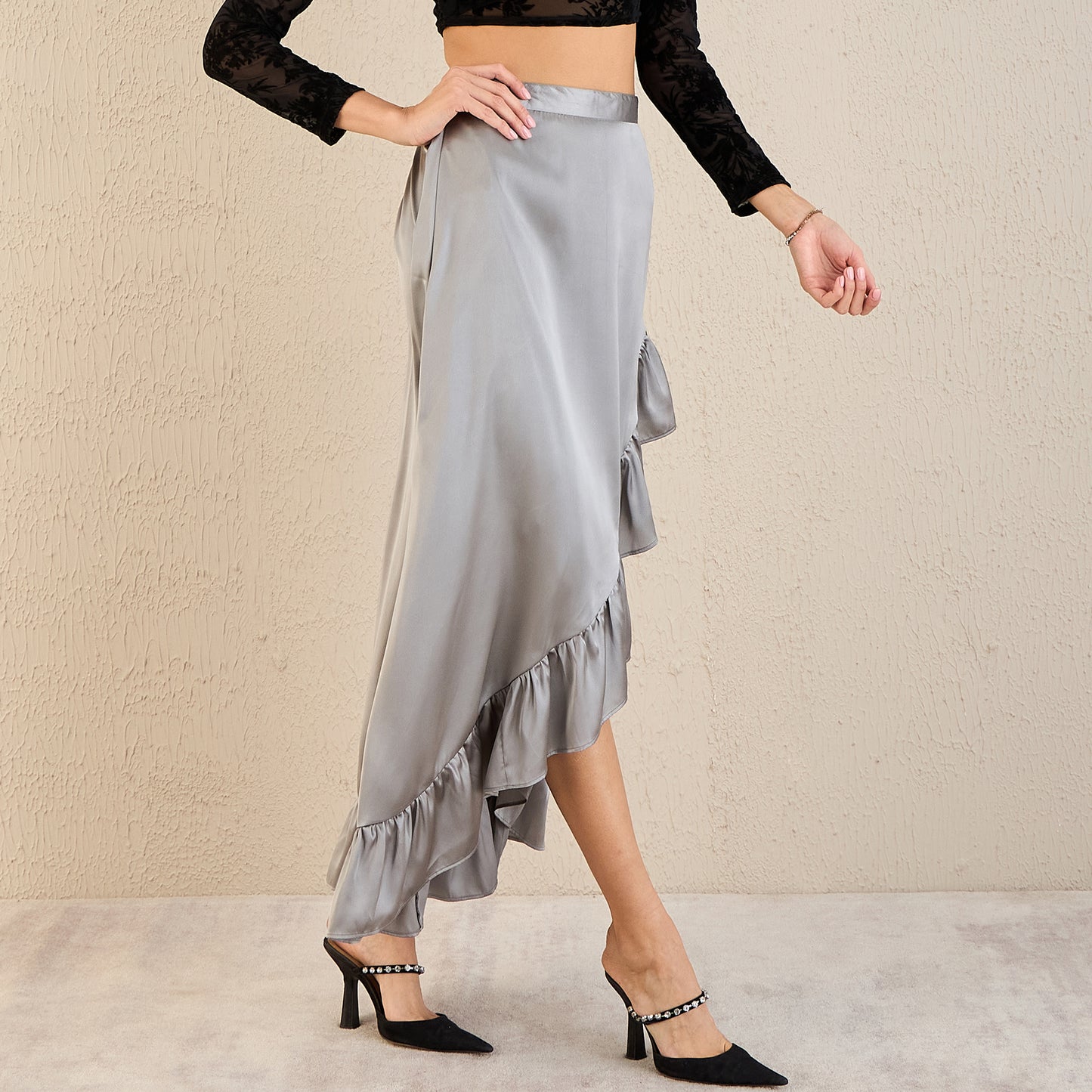 Grey Satin Frill Long Skirt