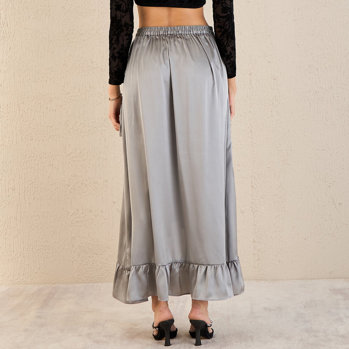 Grey Satin Frill Long Skirt