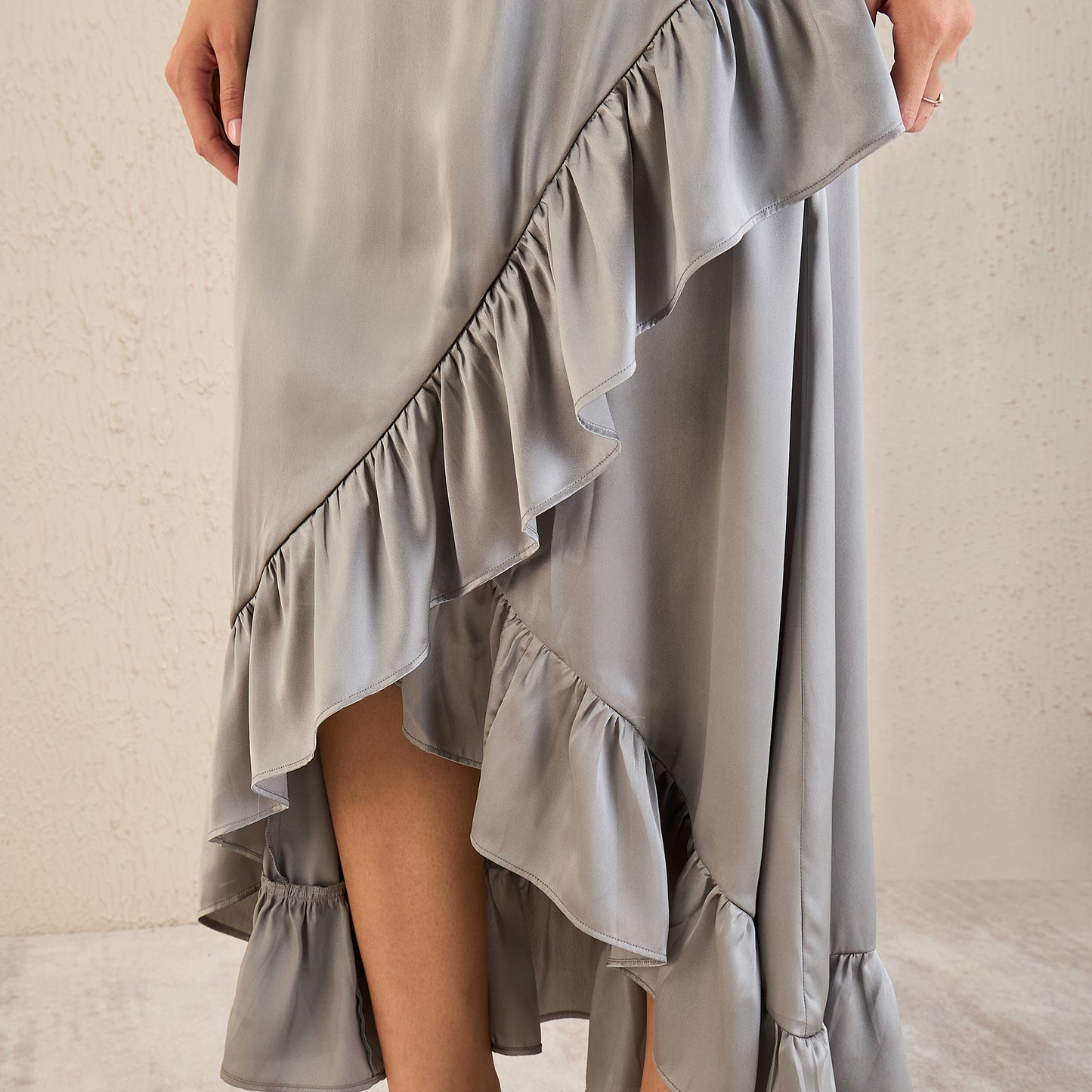 Grey Satin Frill Long Skirt