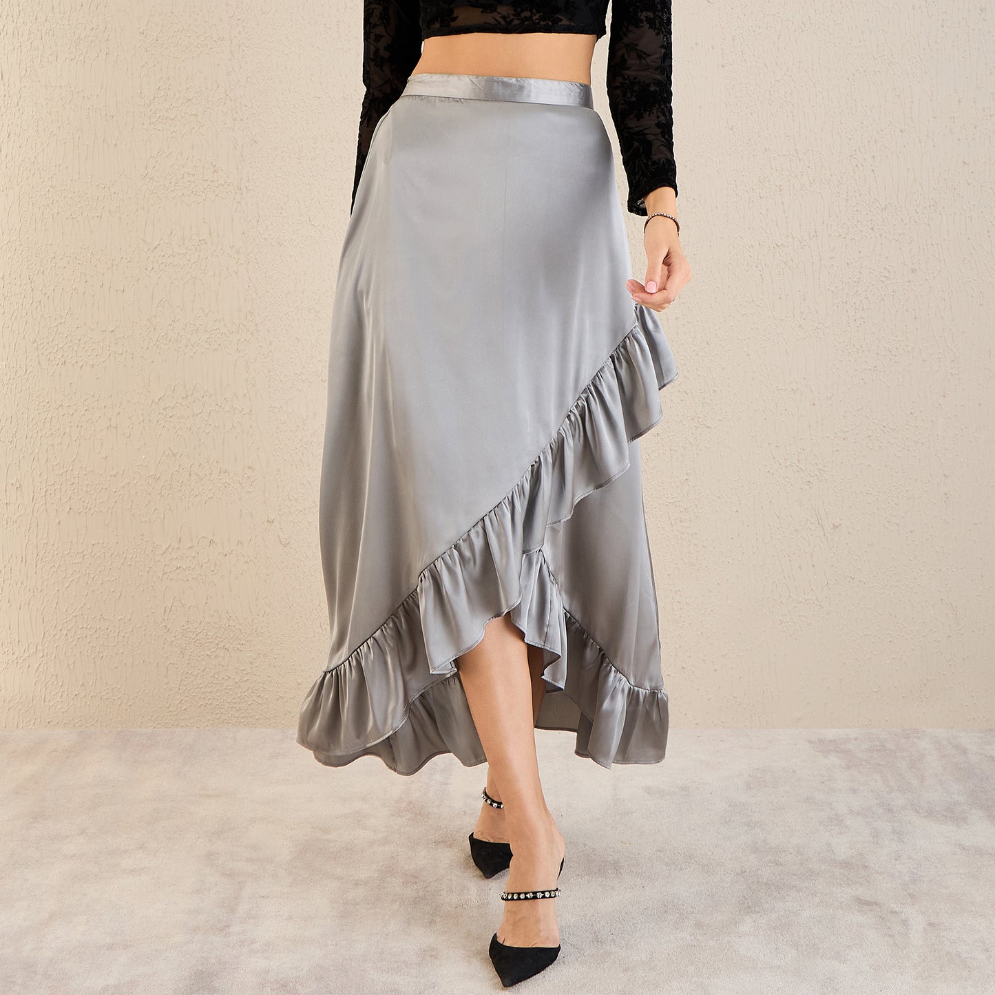 Grey Satin Frill Long Skirt