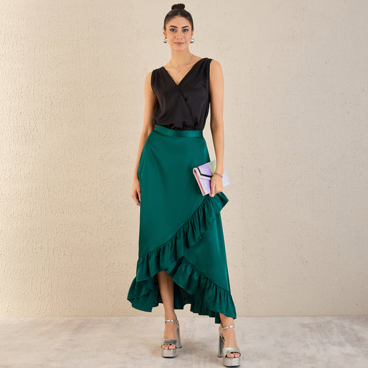 Teal Satin Frill Long Skirt