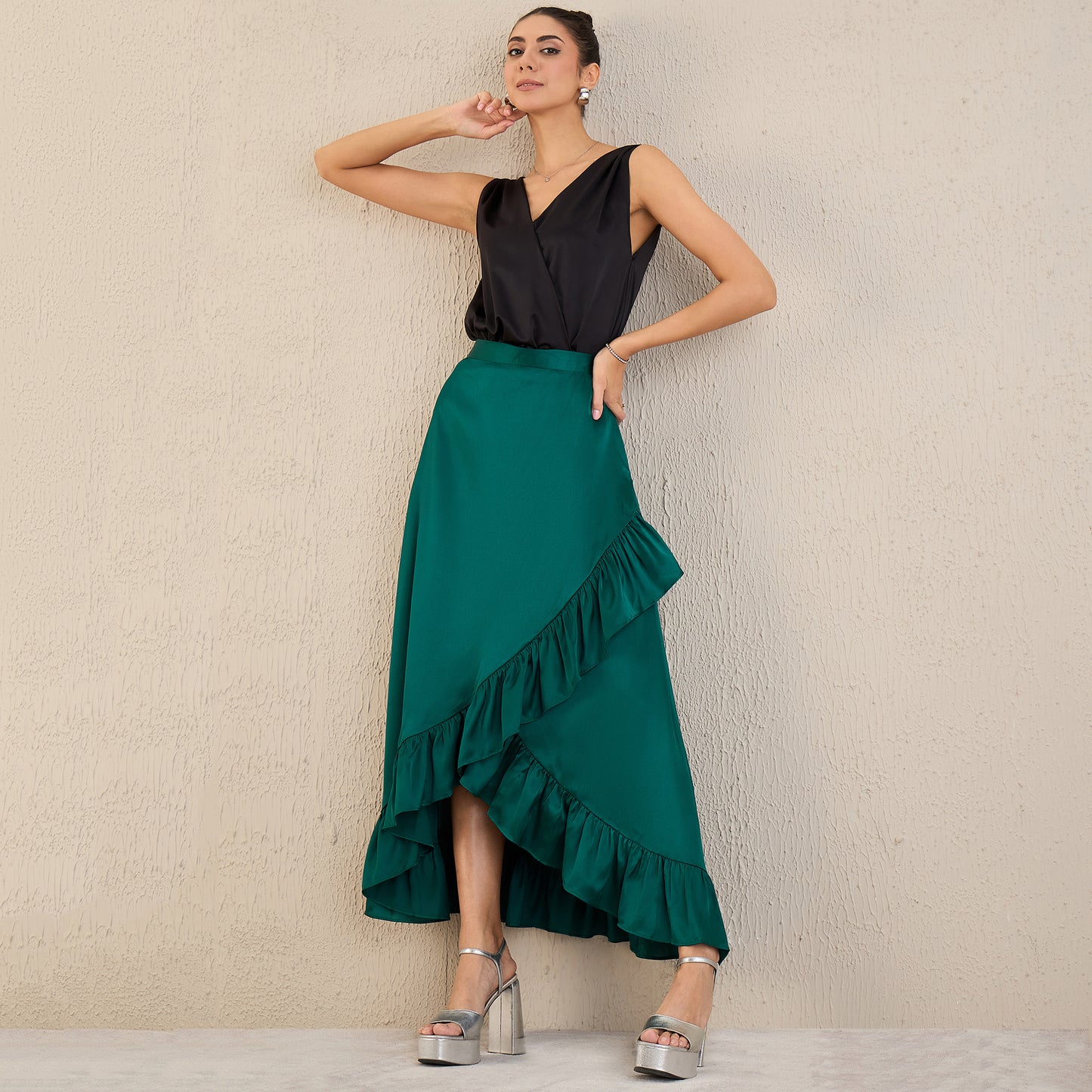 Teal Satin Frill Long Skirt