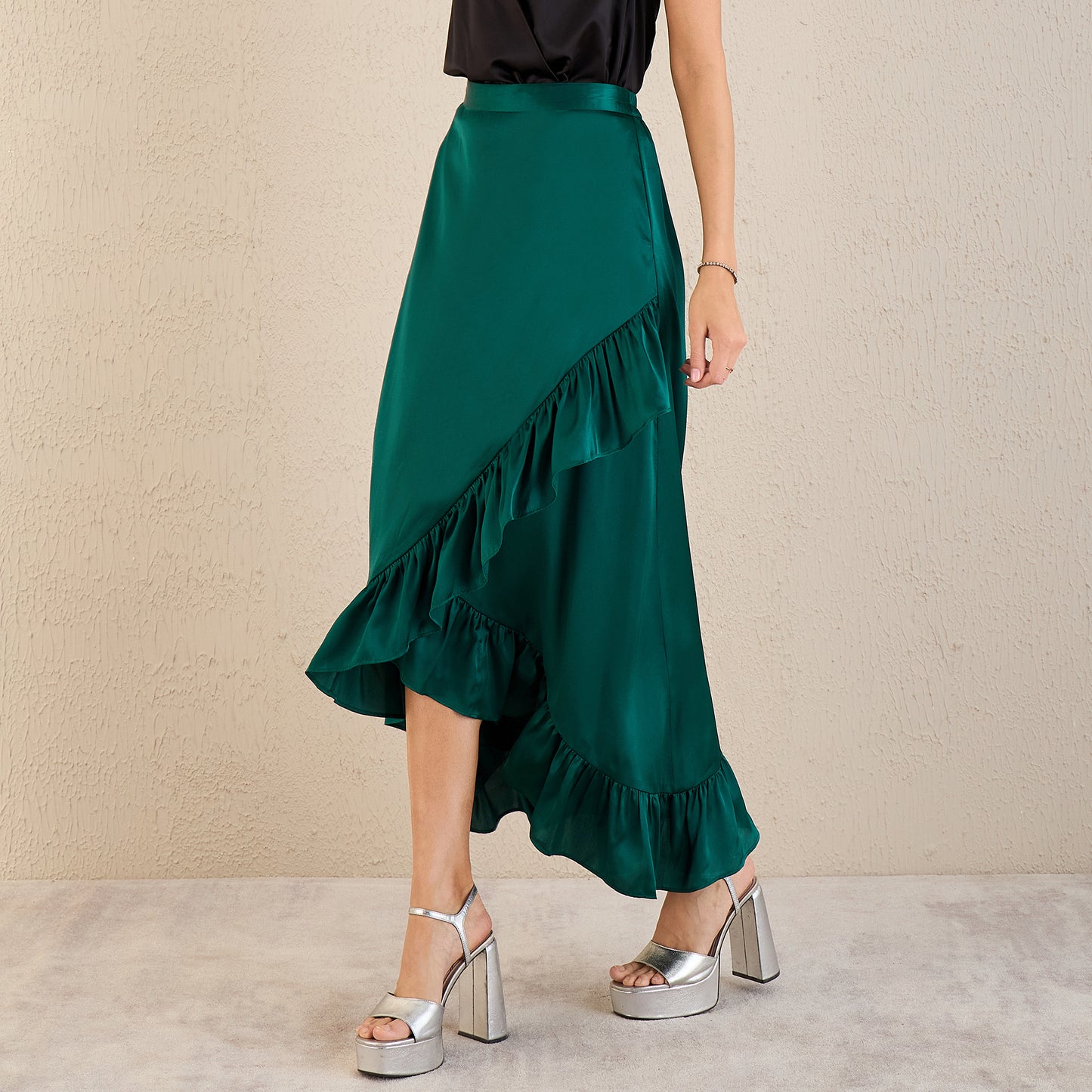 Teal Satin Frill Long Skirt