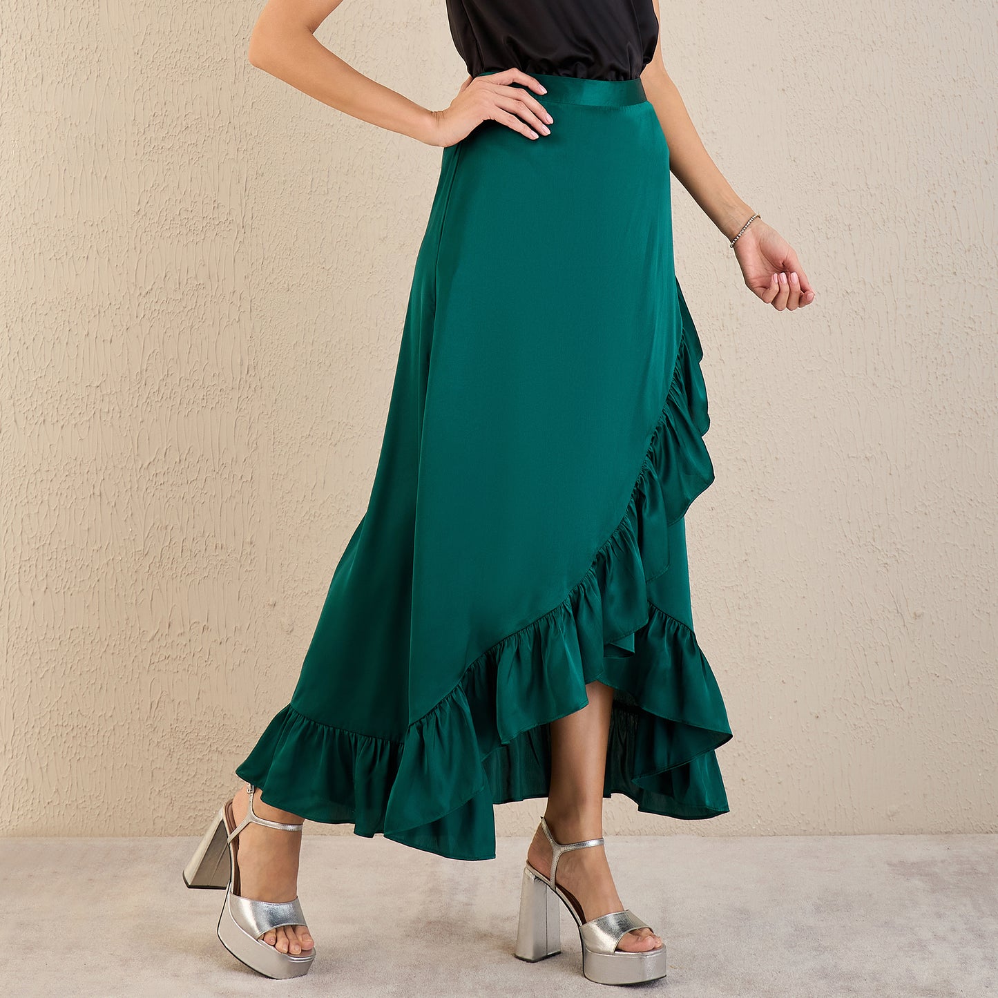 Teal Satin Frill Long Skirt