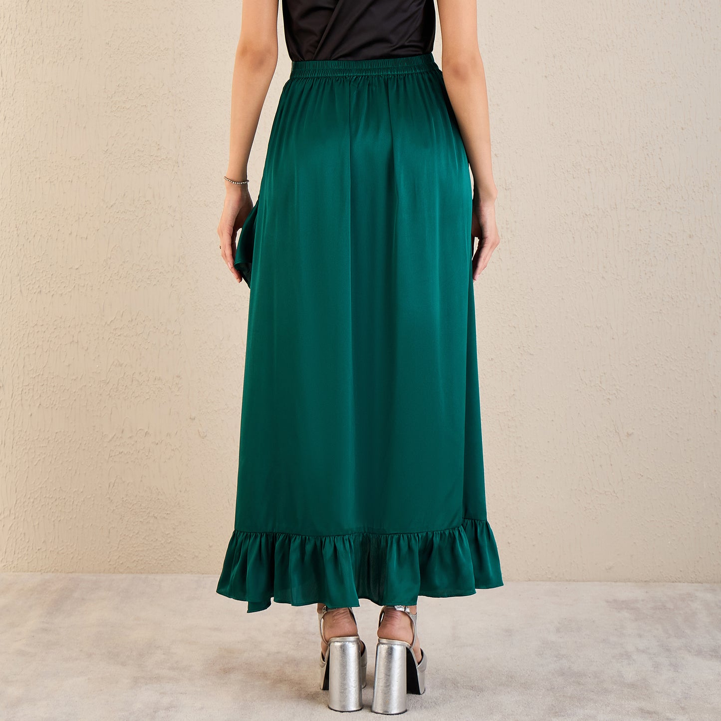 Teal Satin Frill Long Skirt