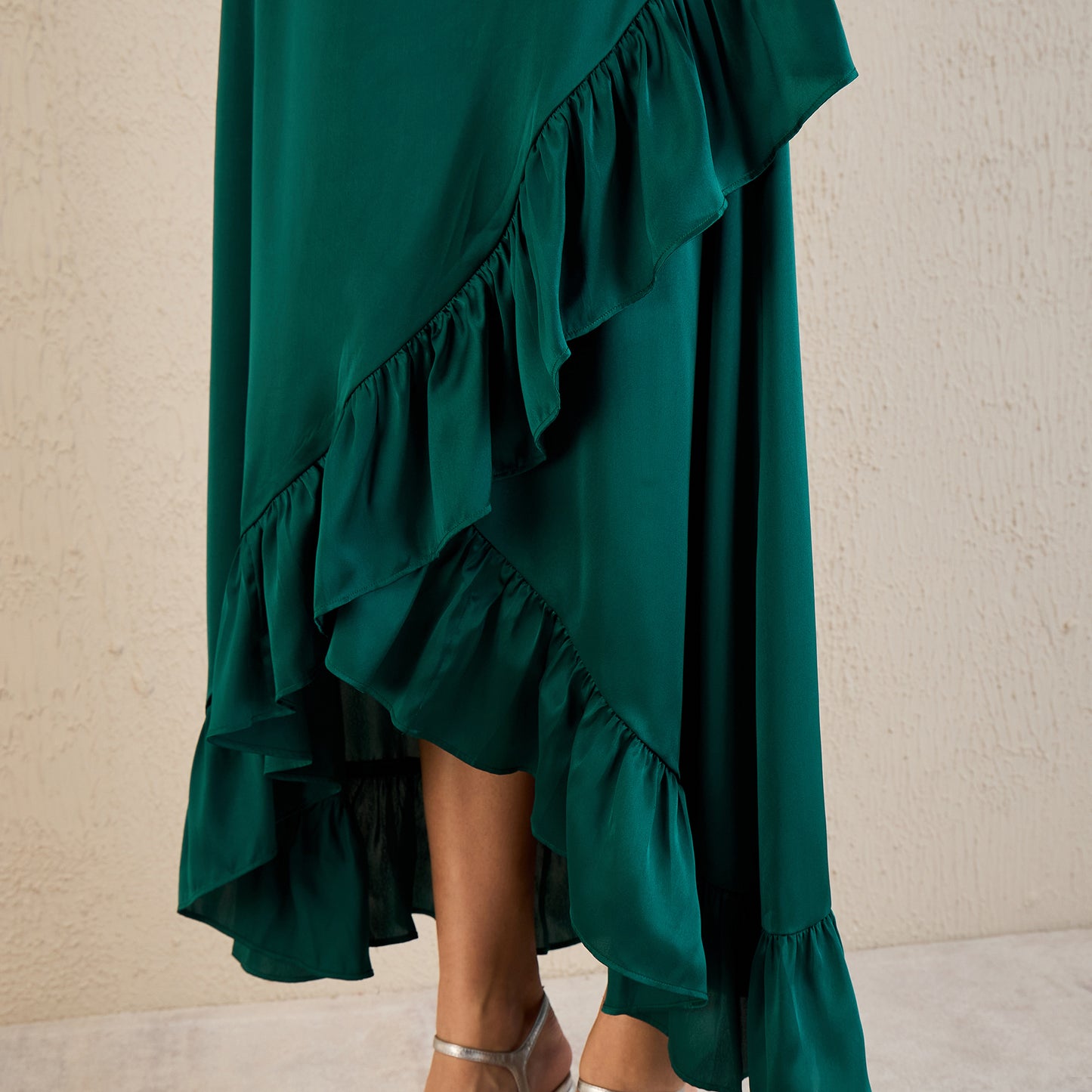 Teal Satin Frill Long Skirt