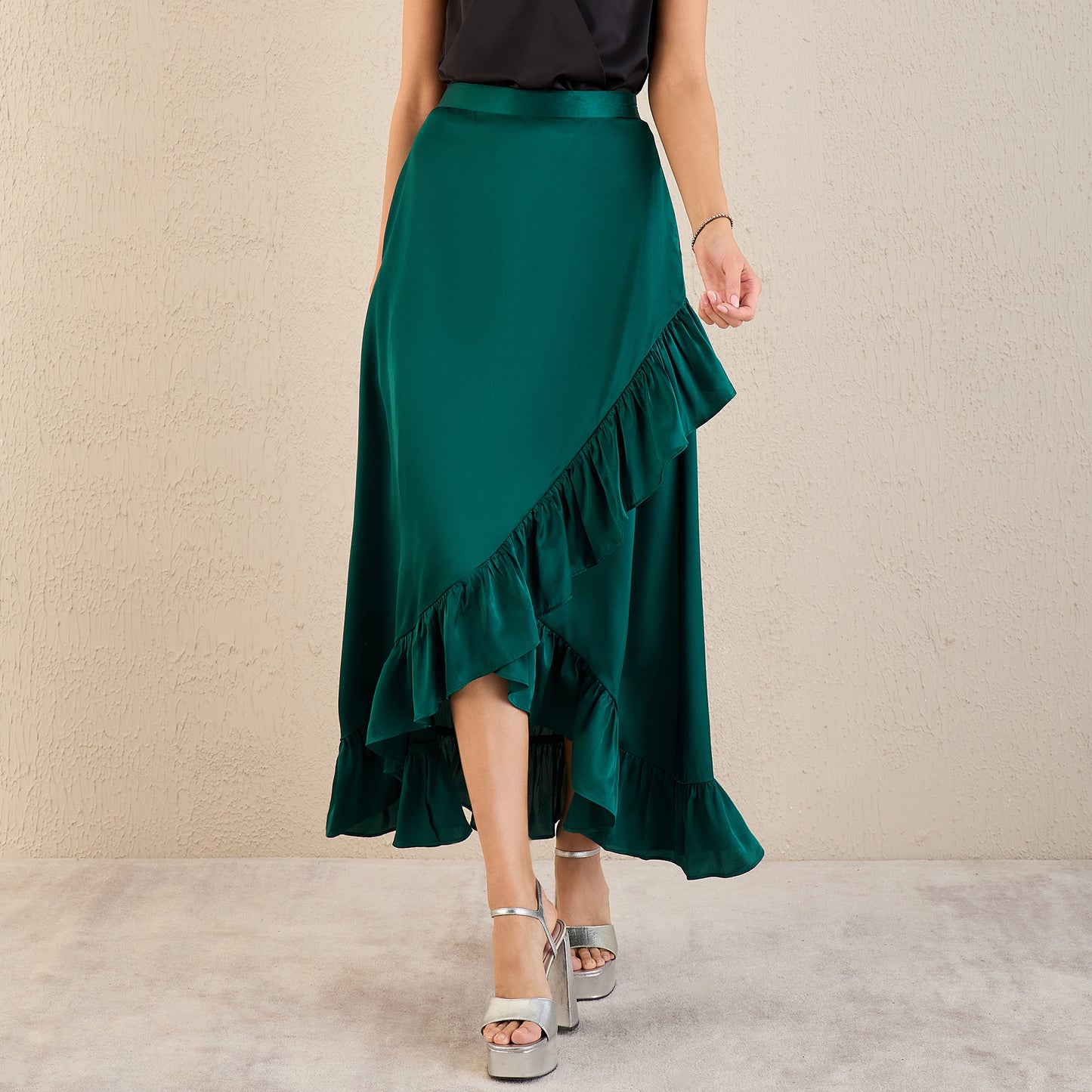 Teal Satin Frill Long Skirt