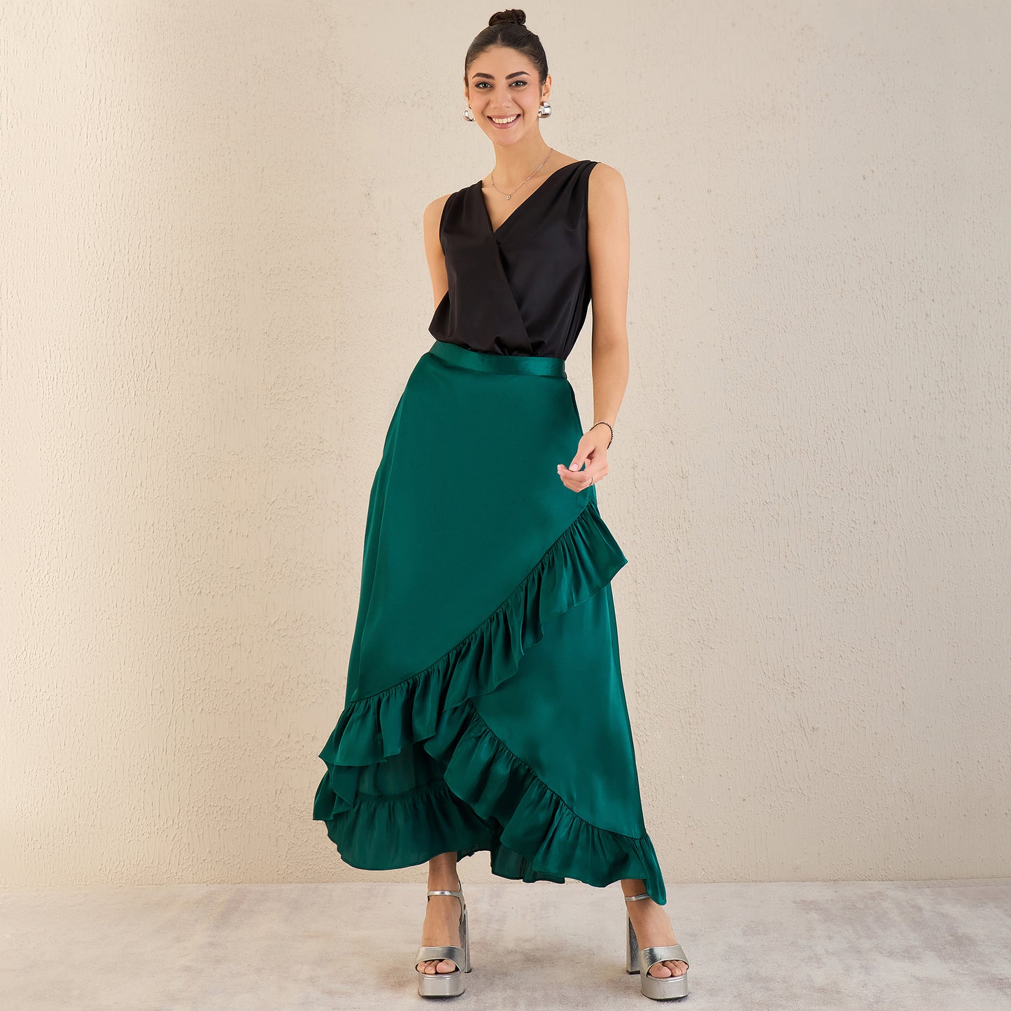 Teal Satin Frill Long Skirt