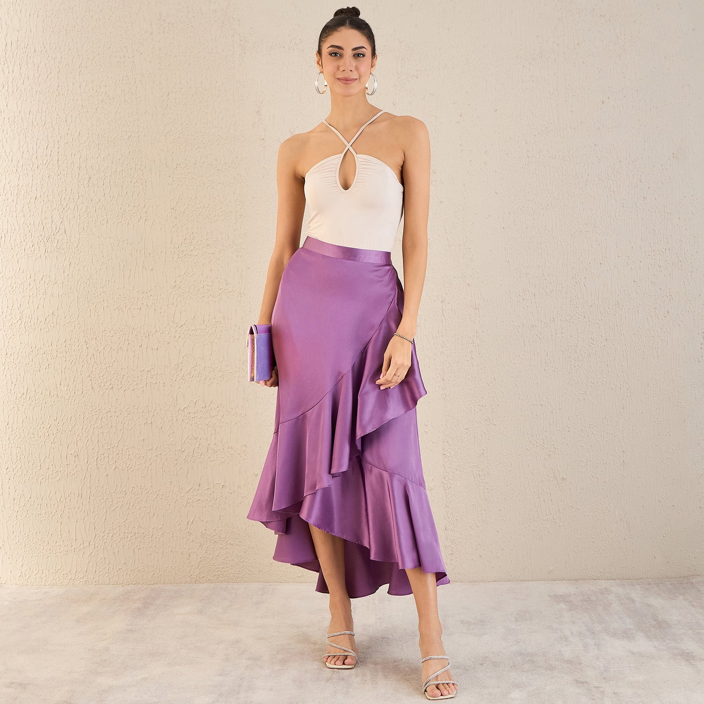 Lilac Satin Broad Frill Long Skirt