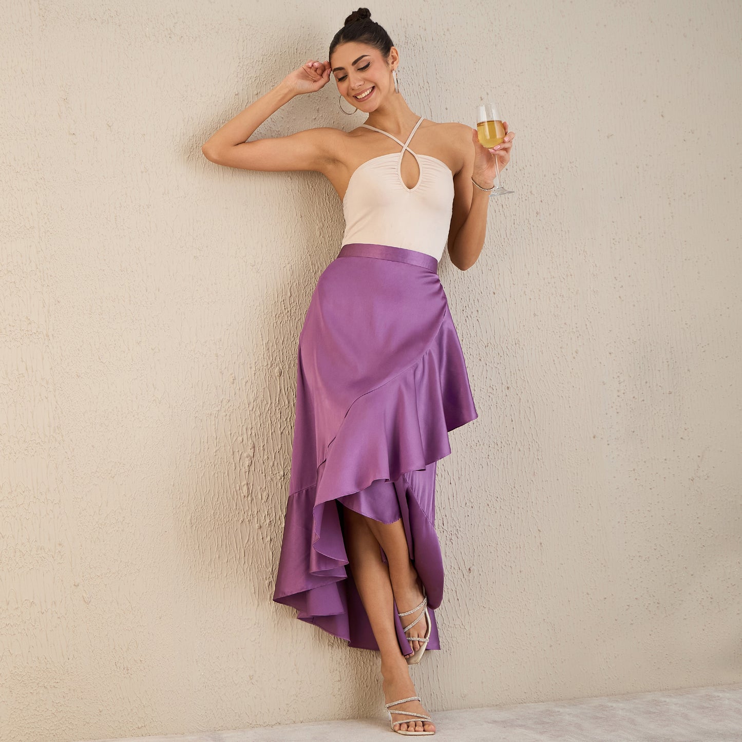 Lilac Satin Broad Frill Long Skirt