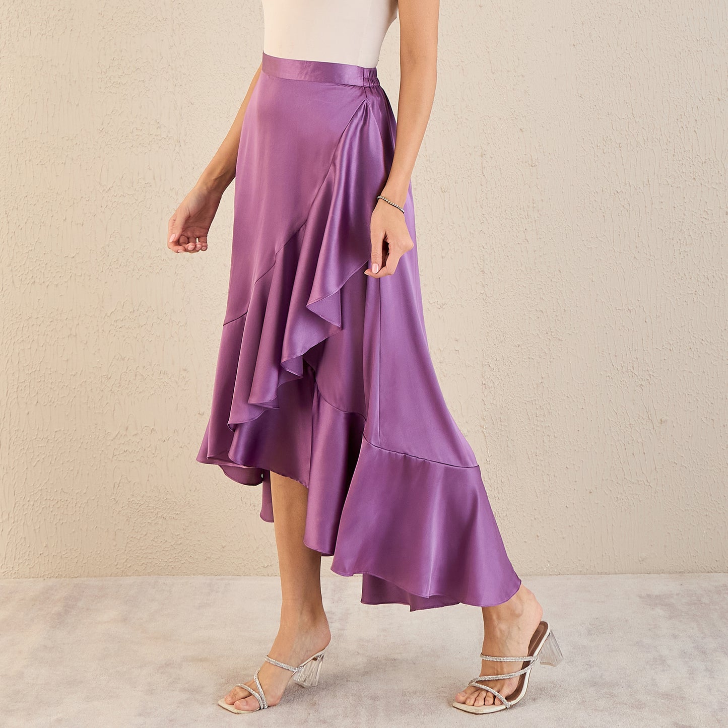 Lilac Satin Broad Frill Long Skirt