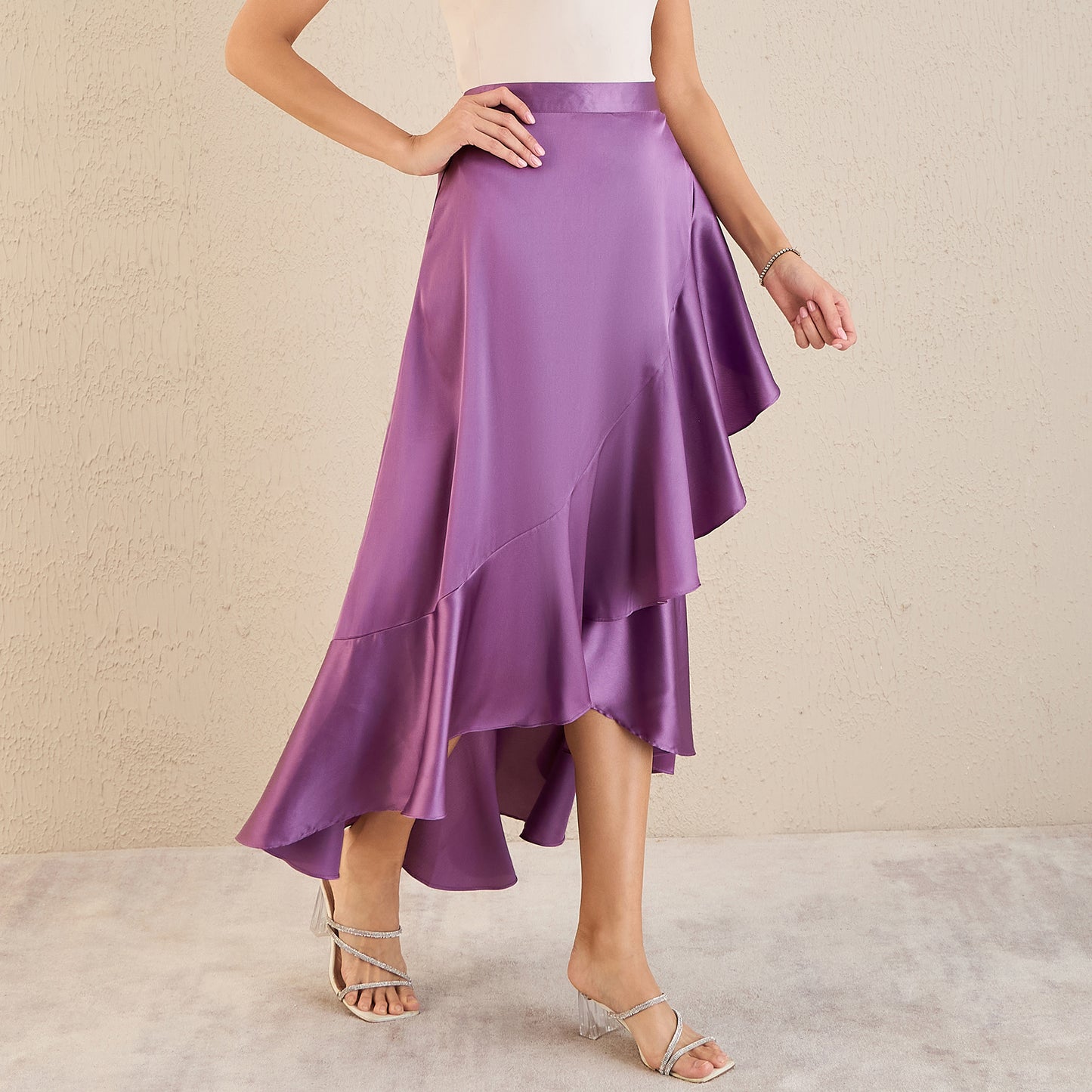 Lilac Satin Broad Frill Long Skirt