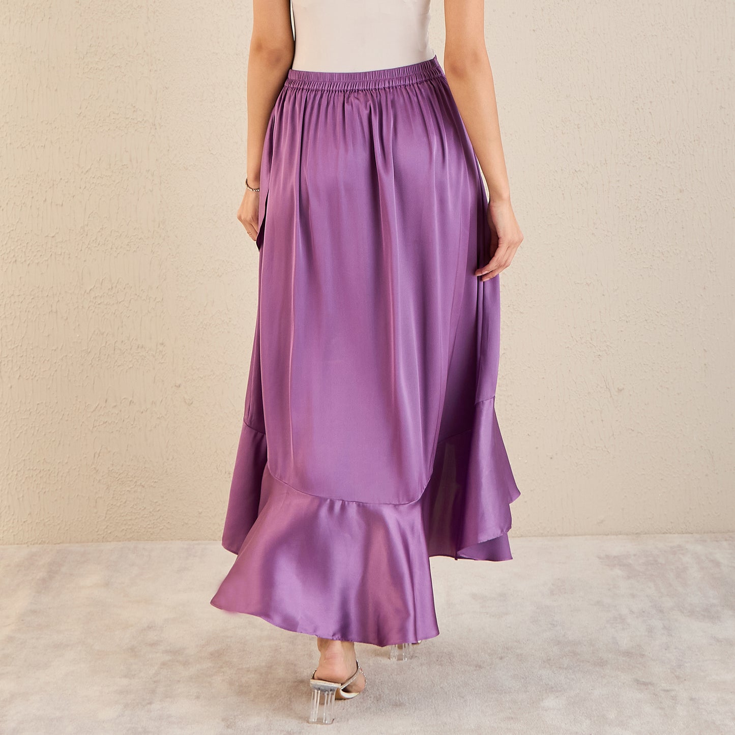 Lilac Satin Broad Frill Long Skirt