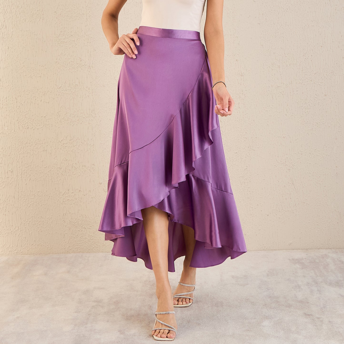 Lilac Satin Broad Frill Long Skirt