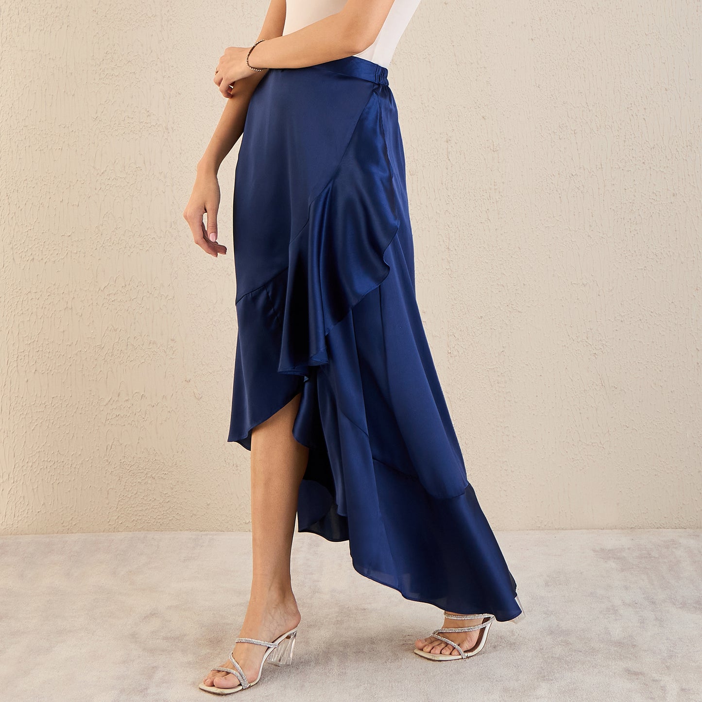 Navy Blue Satin Broad Frill Long Skirt