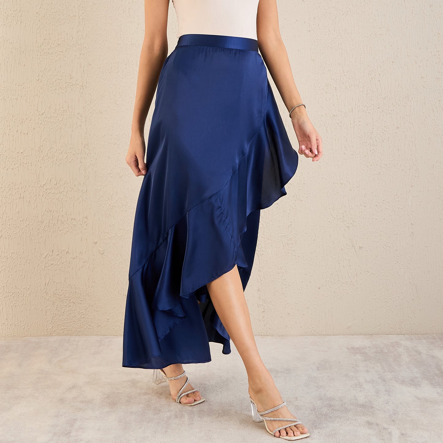 Navy Blue Satin Broad Frill Long Skirt