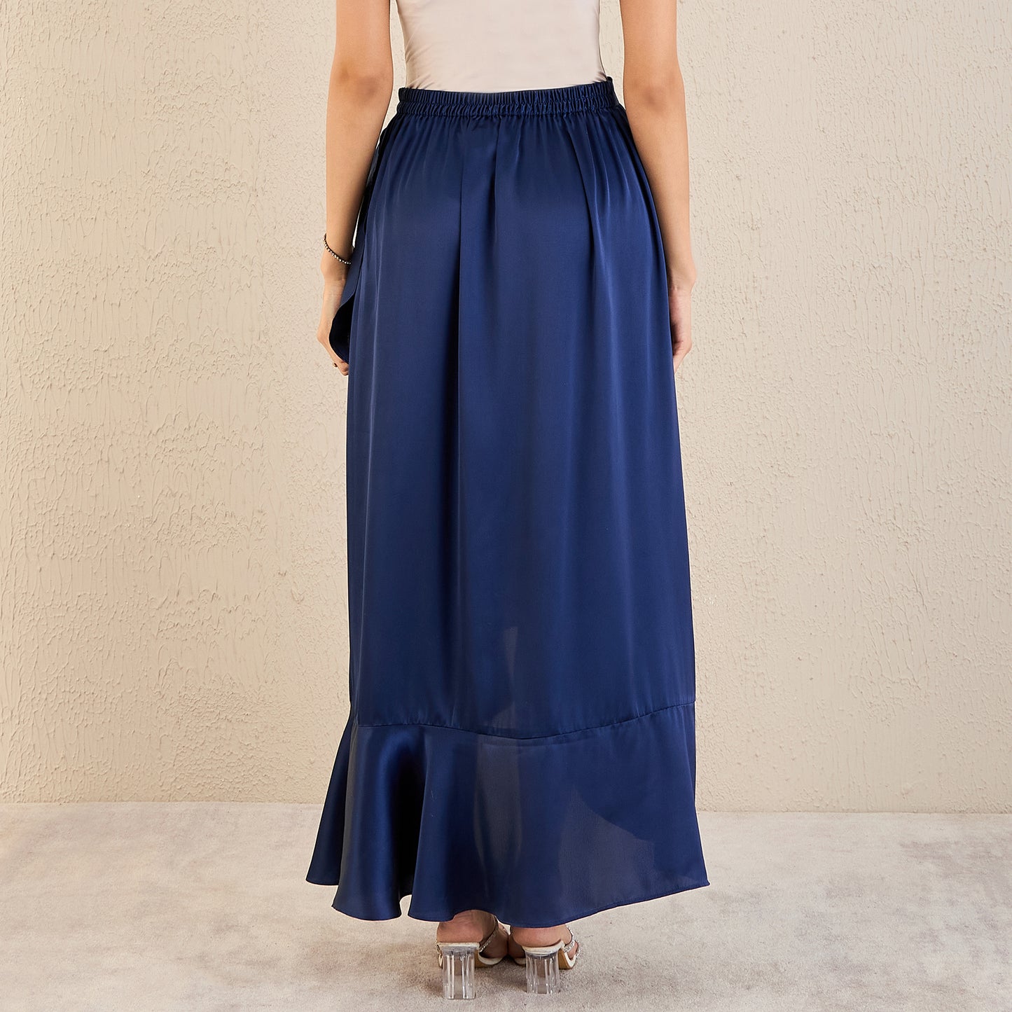 Navy Blue Satin Broad Frill Long Skirt