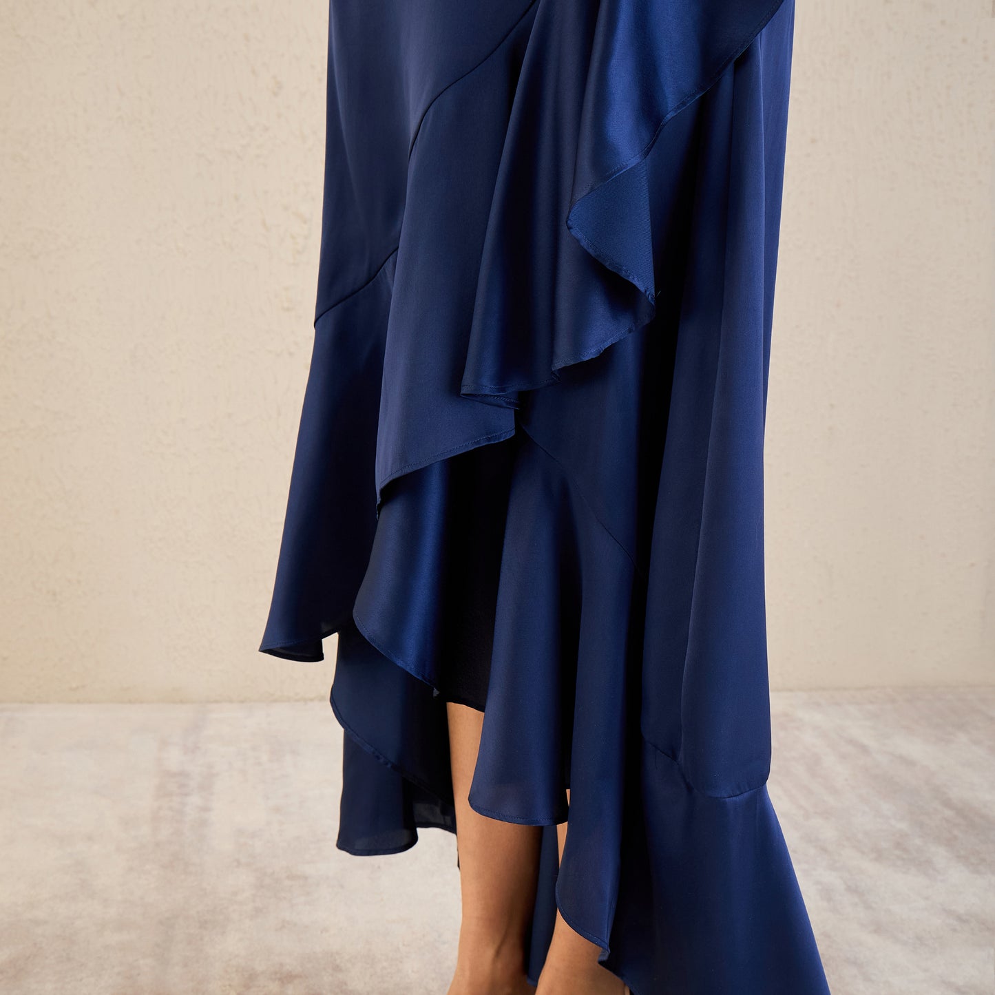 Navy Blue Satin Broad Frill Long Skirt