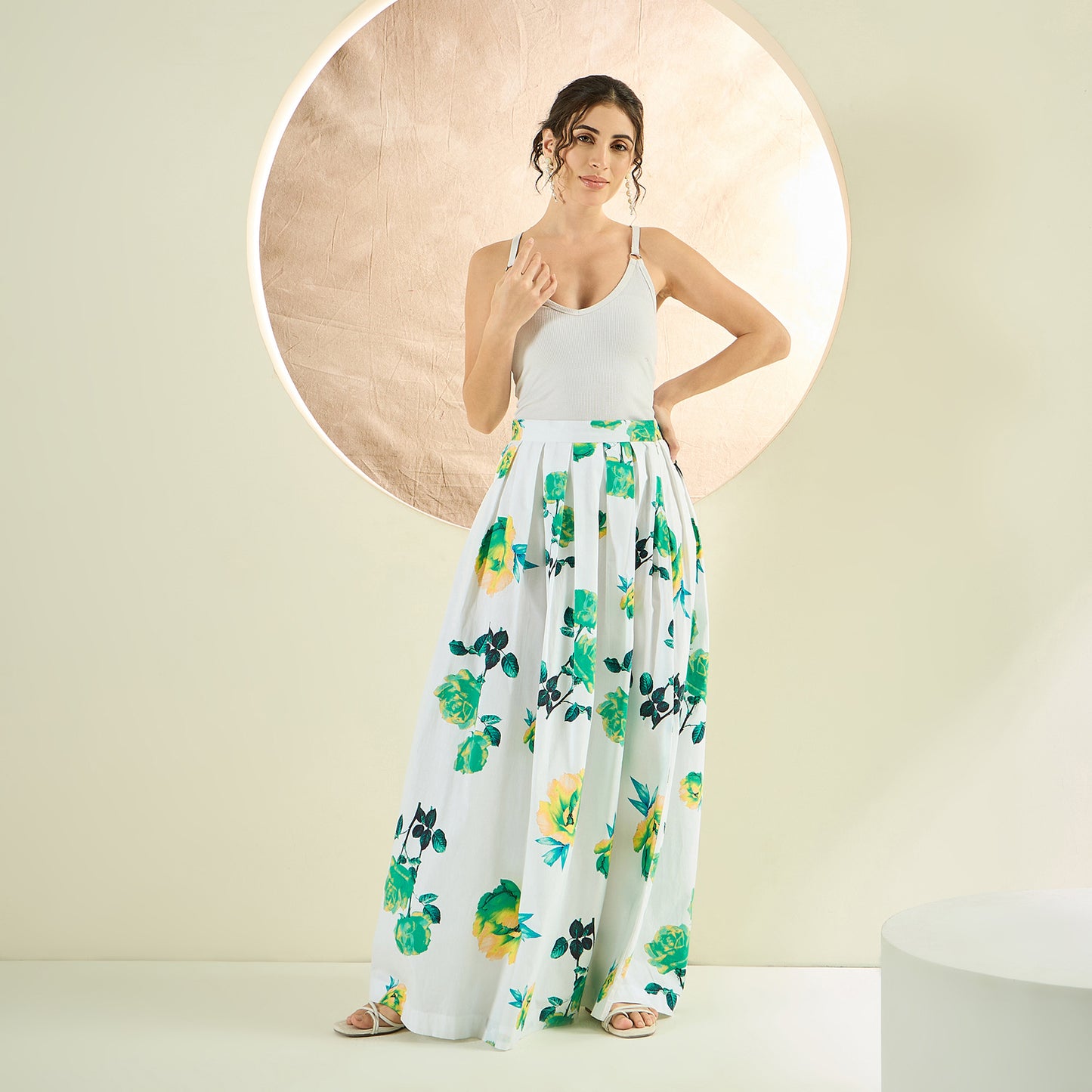 White and Green Floral Long Skirt