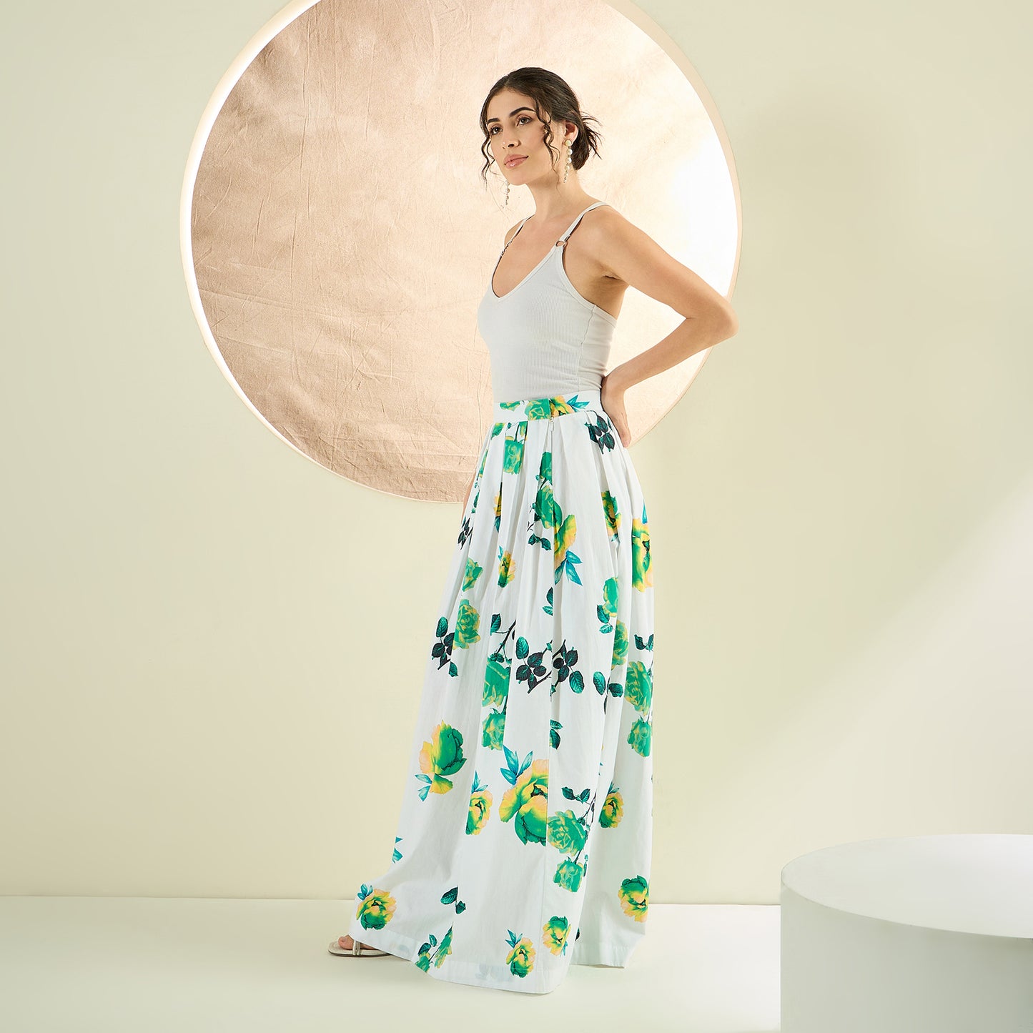 White and Green Floral Long Skirt