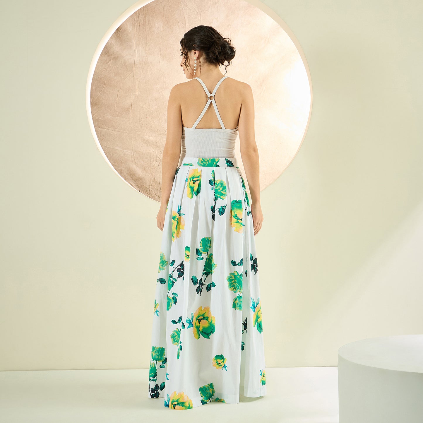 White and Green Floral Long Skirt