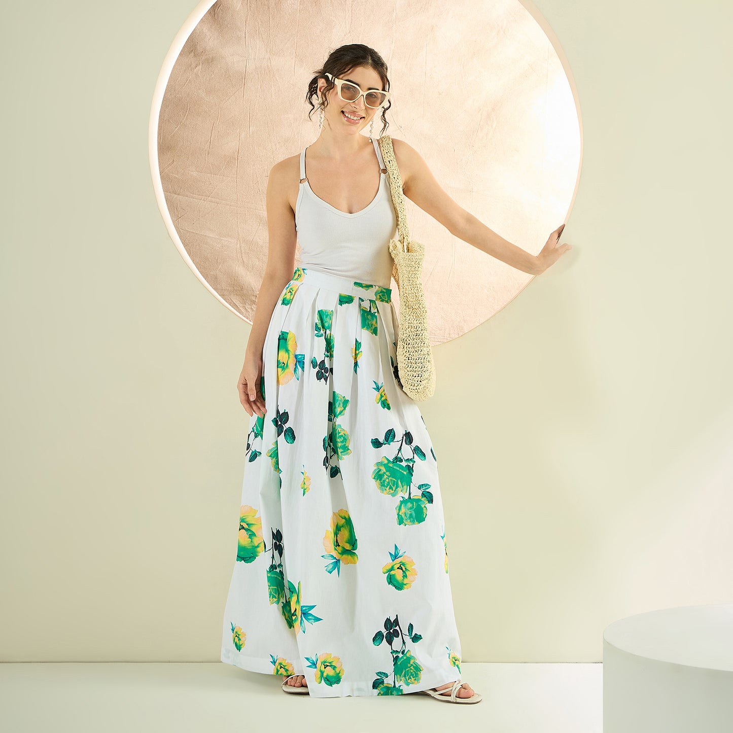 White and Green Floral Long Skirt