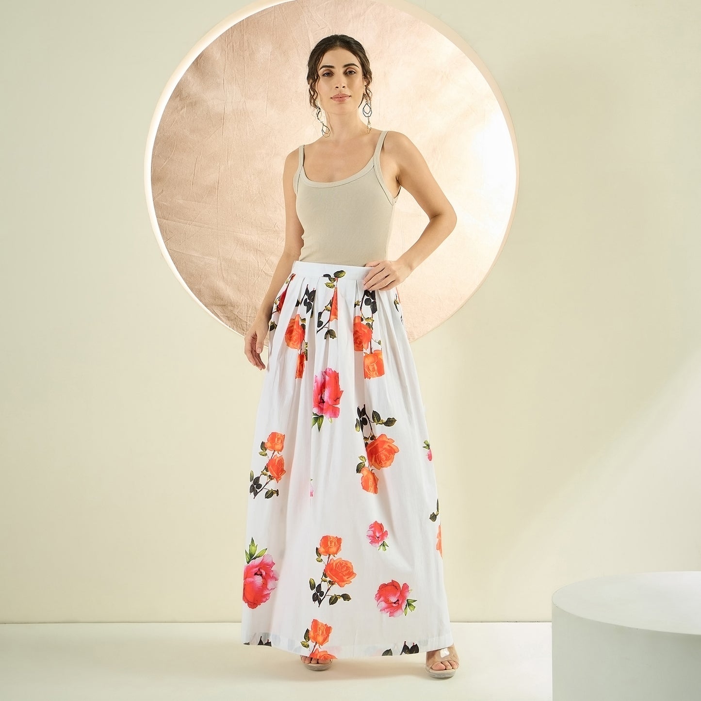 White and Orange Floral Long Skirt