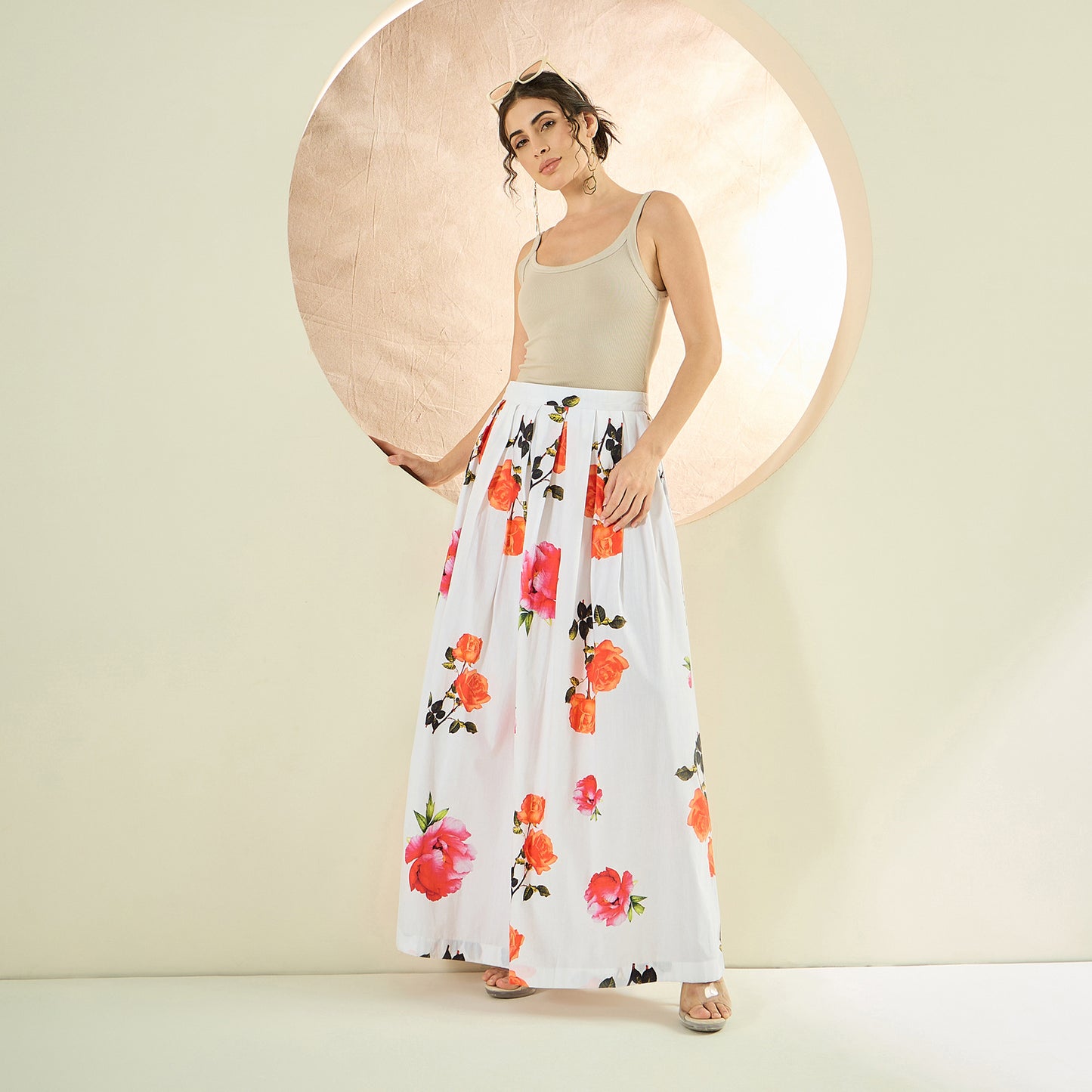 White and Orange Floral Long Skirt