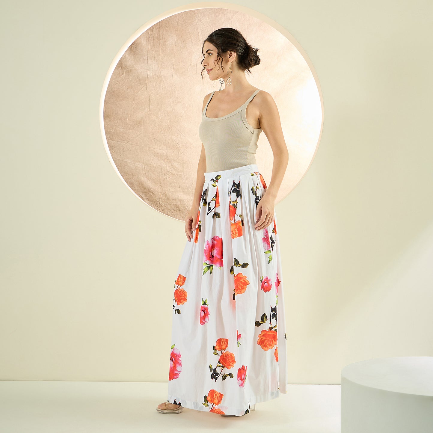 White and Orange Floral Long Skirt