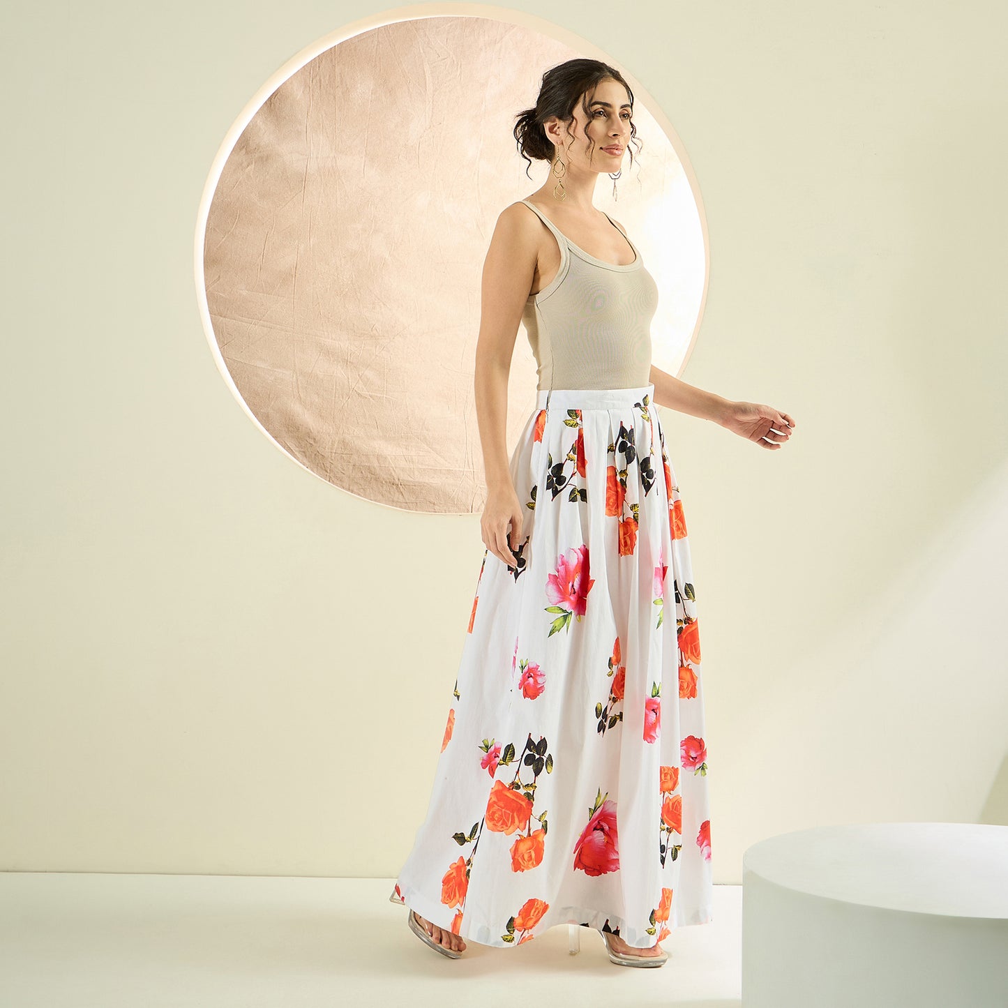 White and Orange Floral Long Skirt