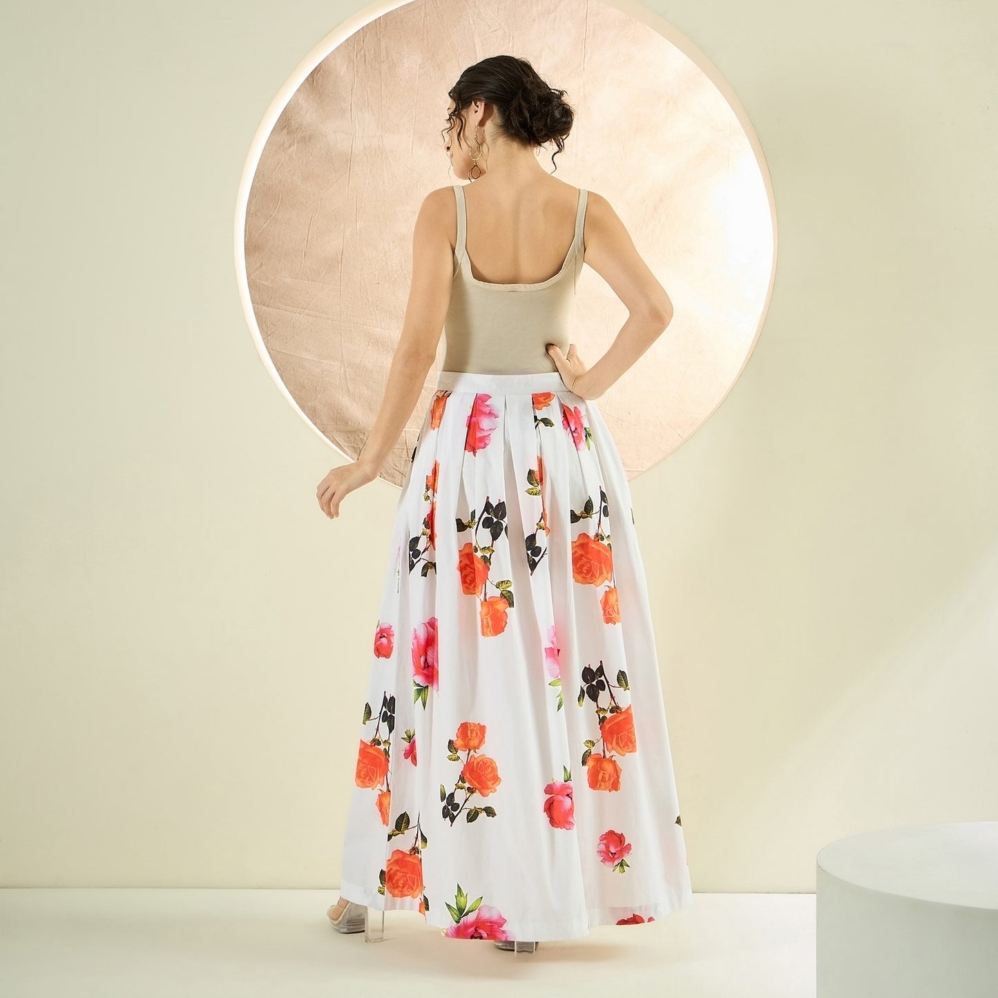 White and Orange Floral Long Skirt