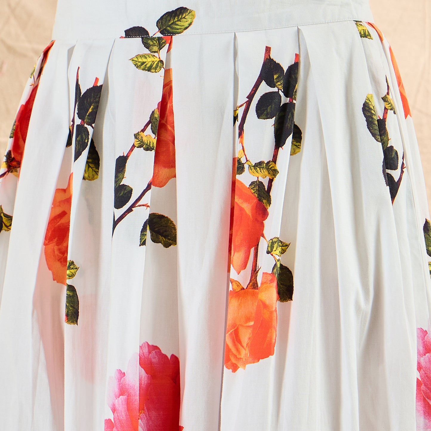 White and Orange Floral Long Skirt