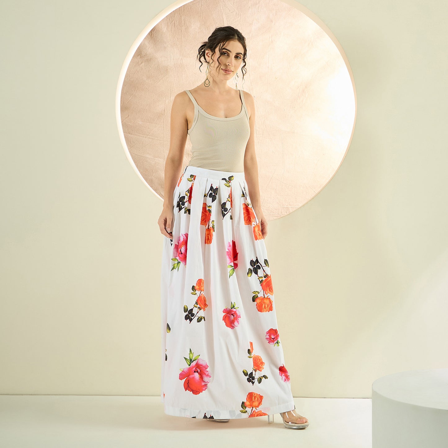 White and Orange Floral Long Skirt