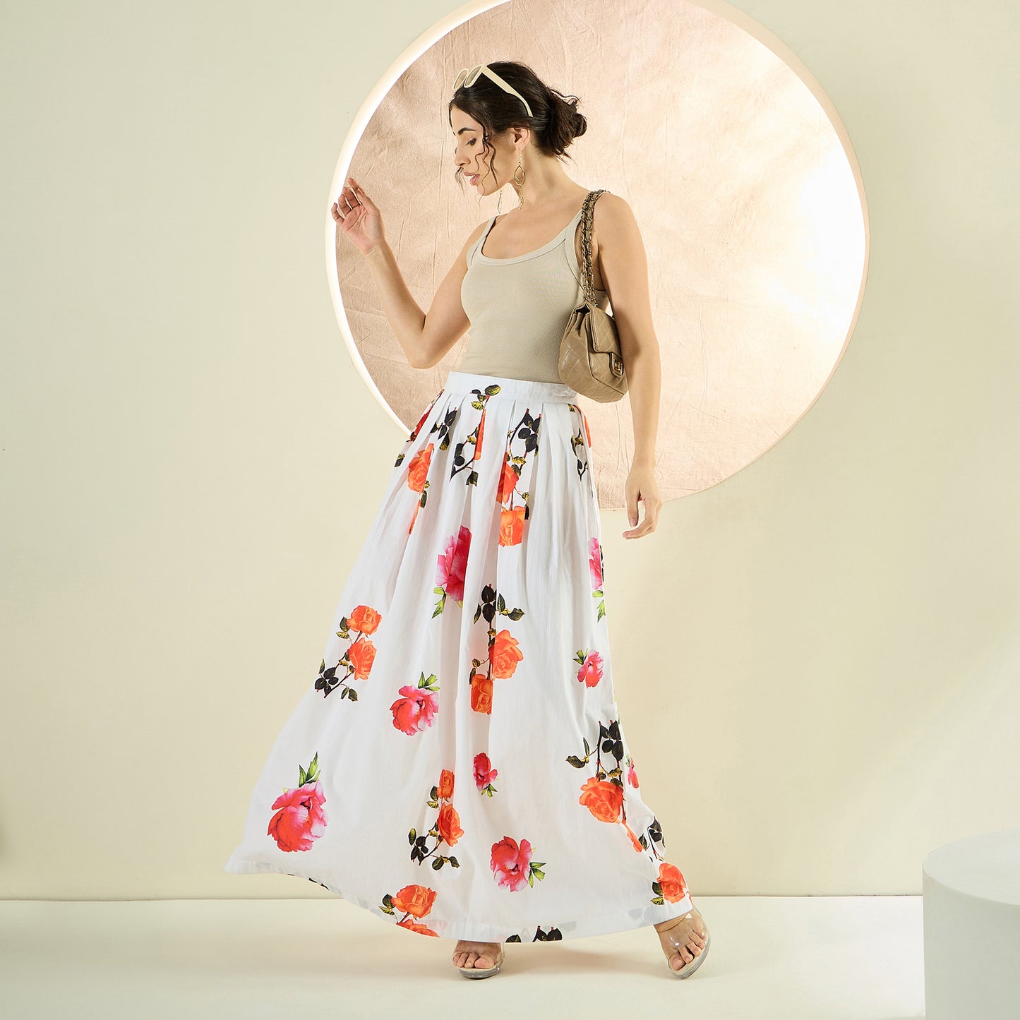 White and Orange Floral Long Skirt