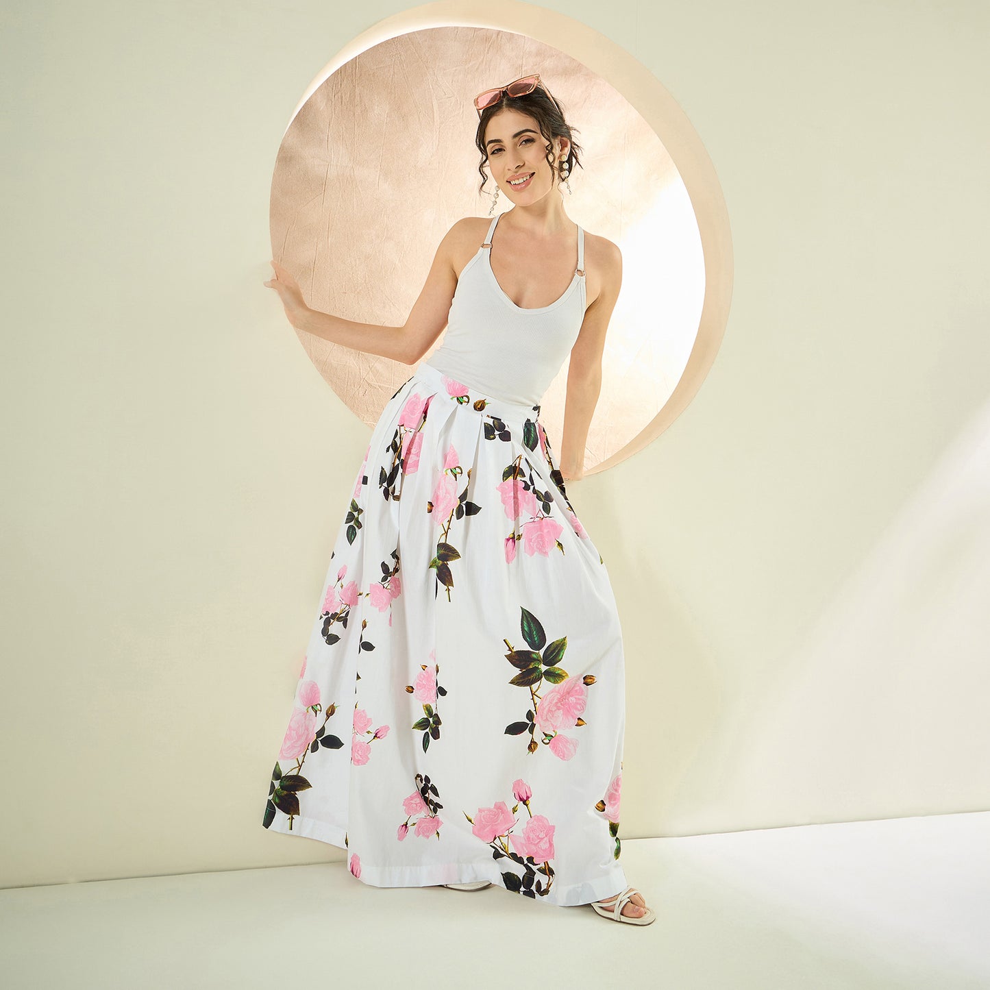 White and Pink Floral Long Skirt