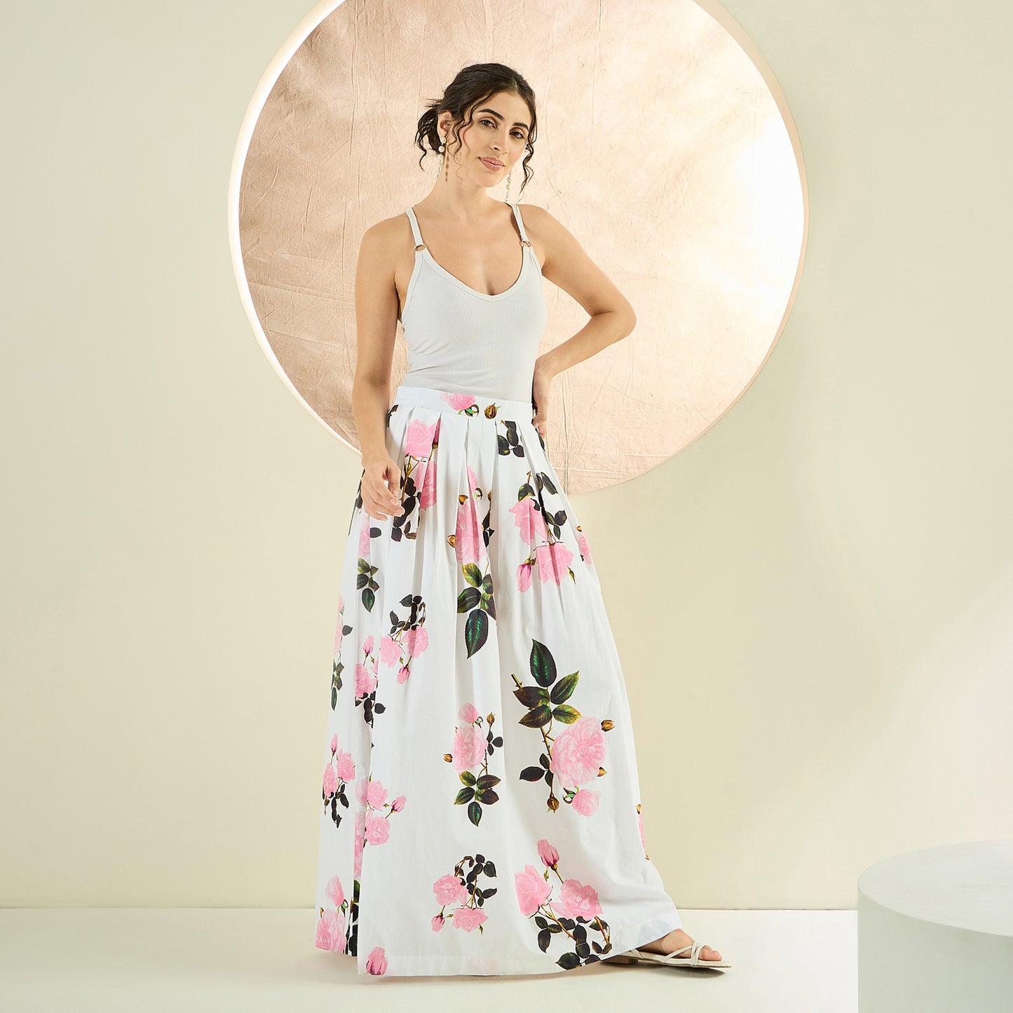 White and Pink Floral Long Skirt