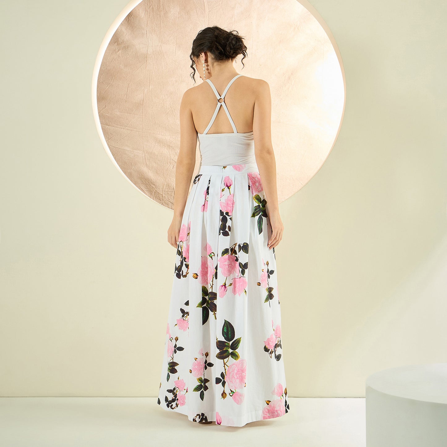 White and Pink Floral Long Skirt