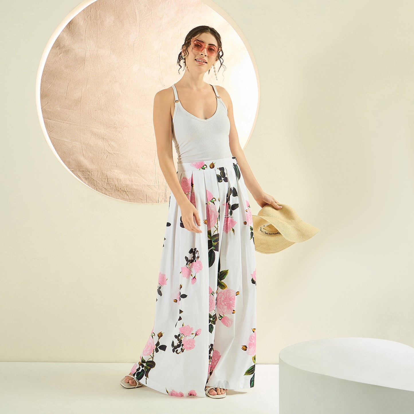 White and Pink Floral Long Skirt