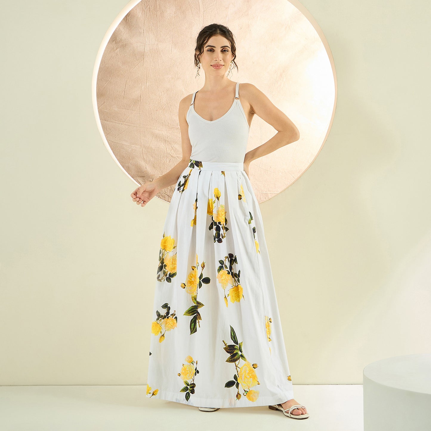 White and Yellow Floral Long Skirt