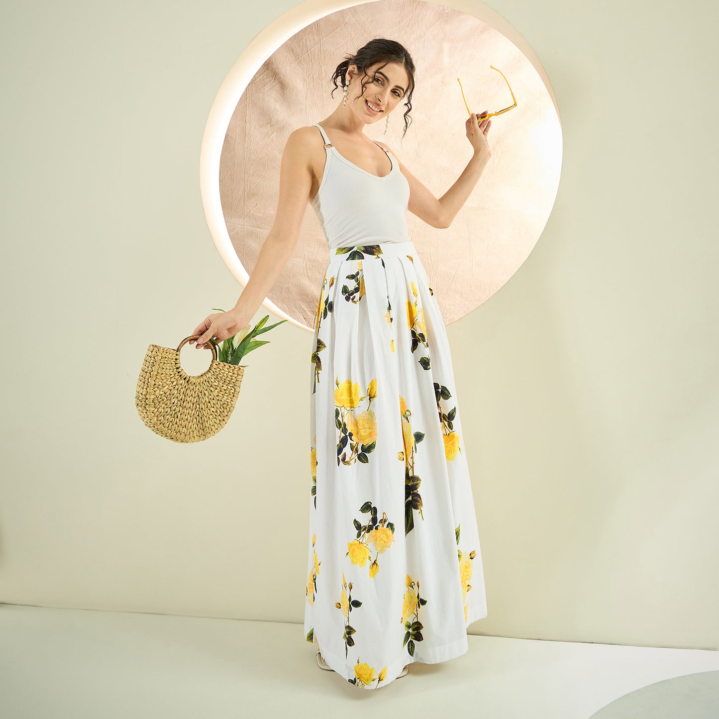 White and Yellow Floral Long Skirt