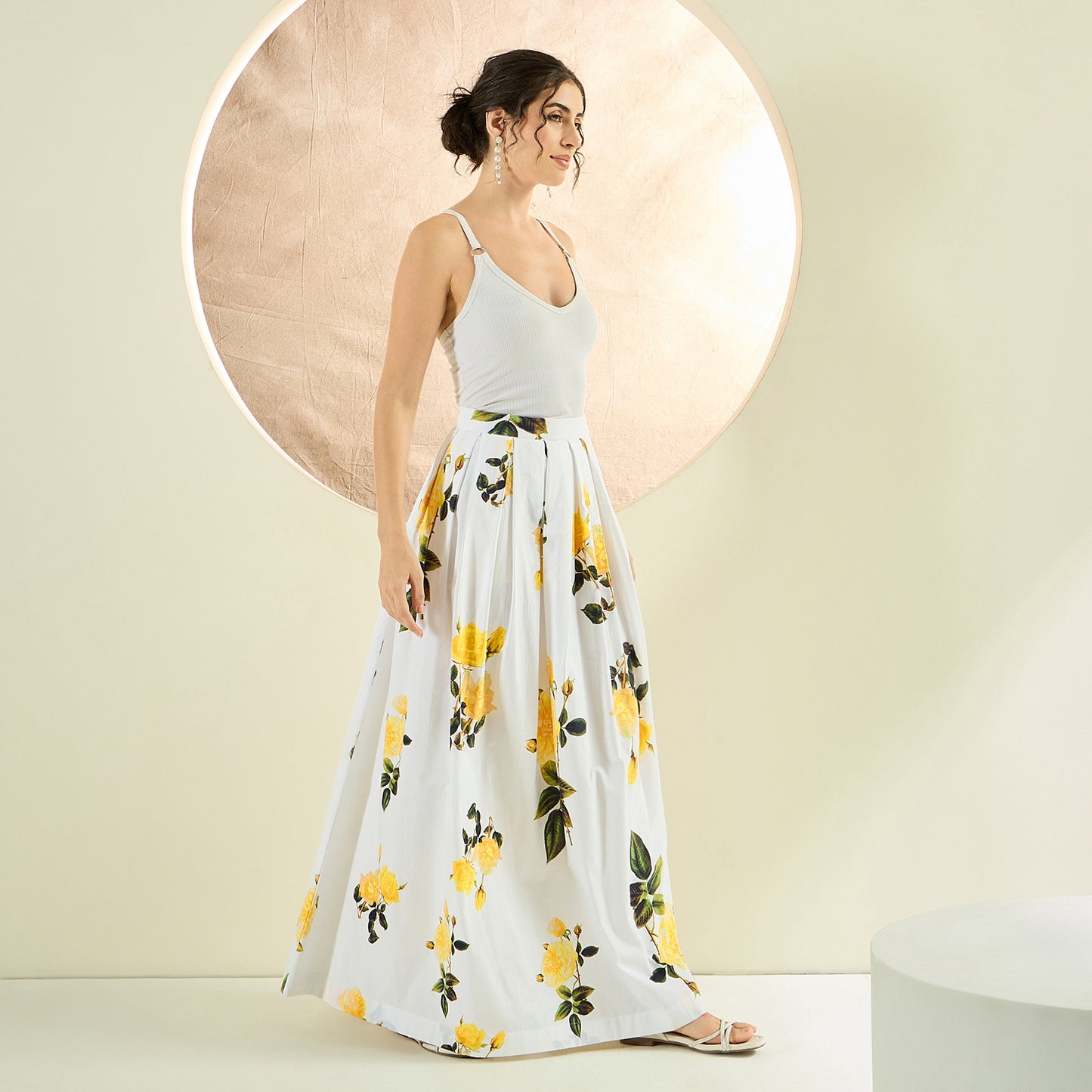 White and Yellow Floral Long Skirt