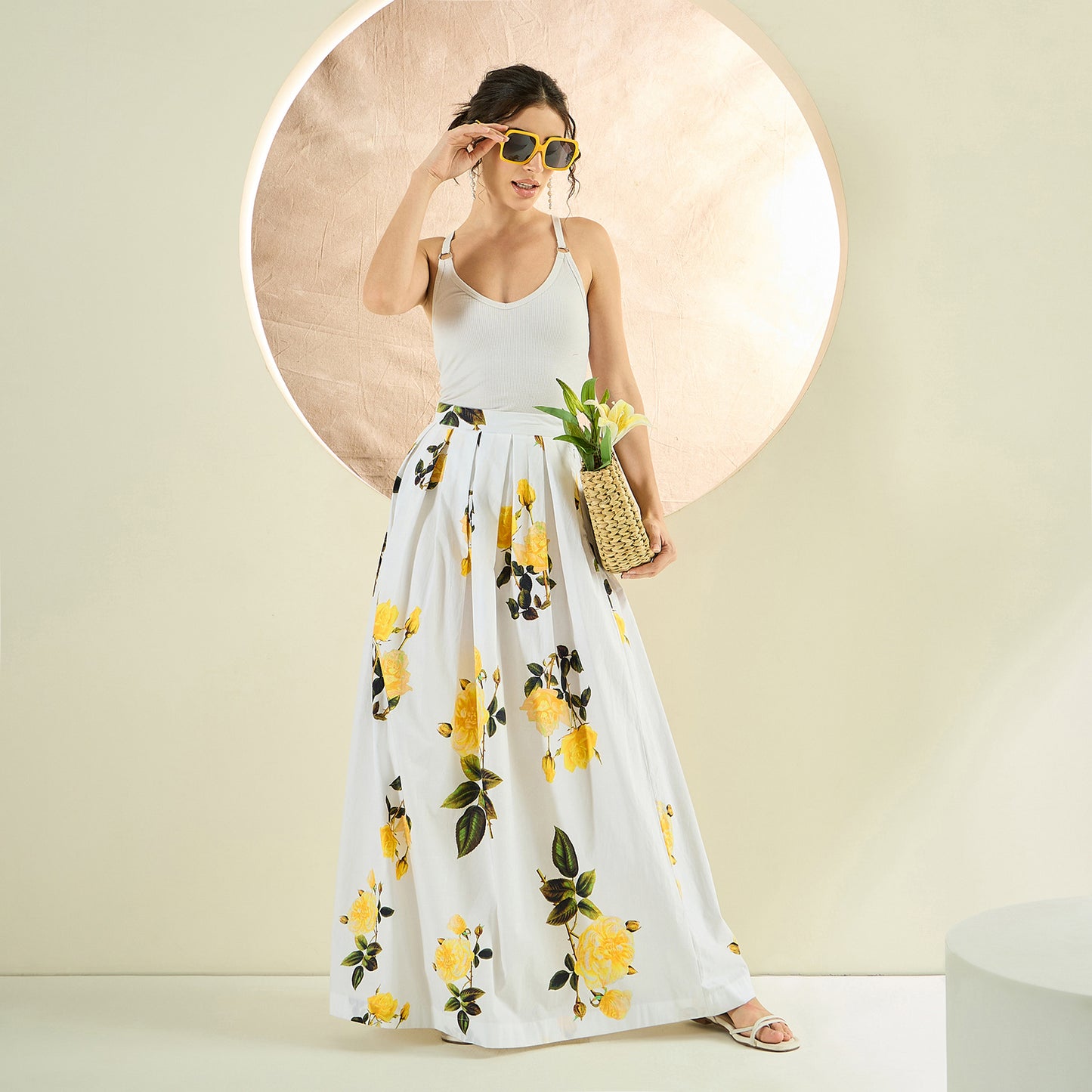 White and Yellow Floral Long Skirt