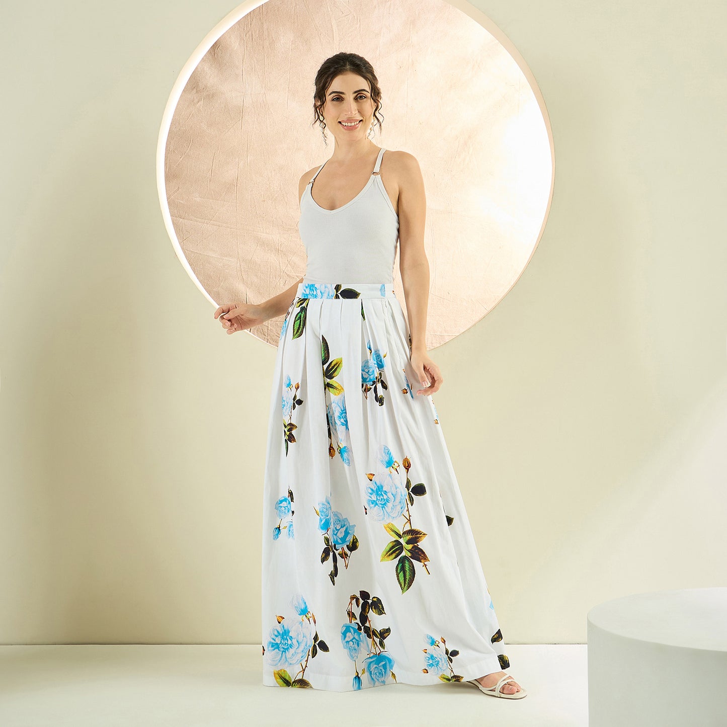 White and Light Blue Floral Long Skirt