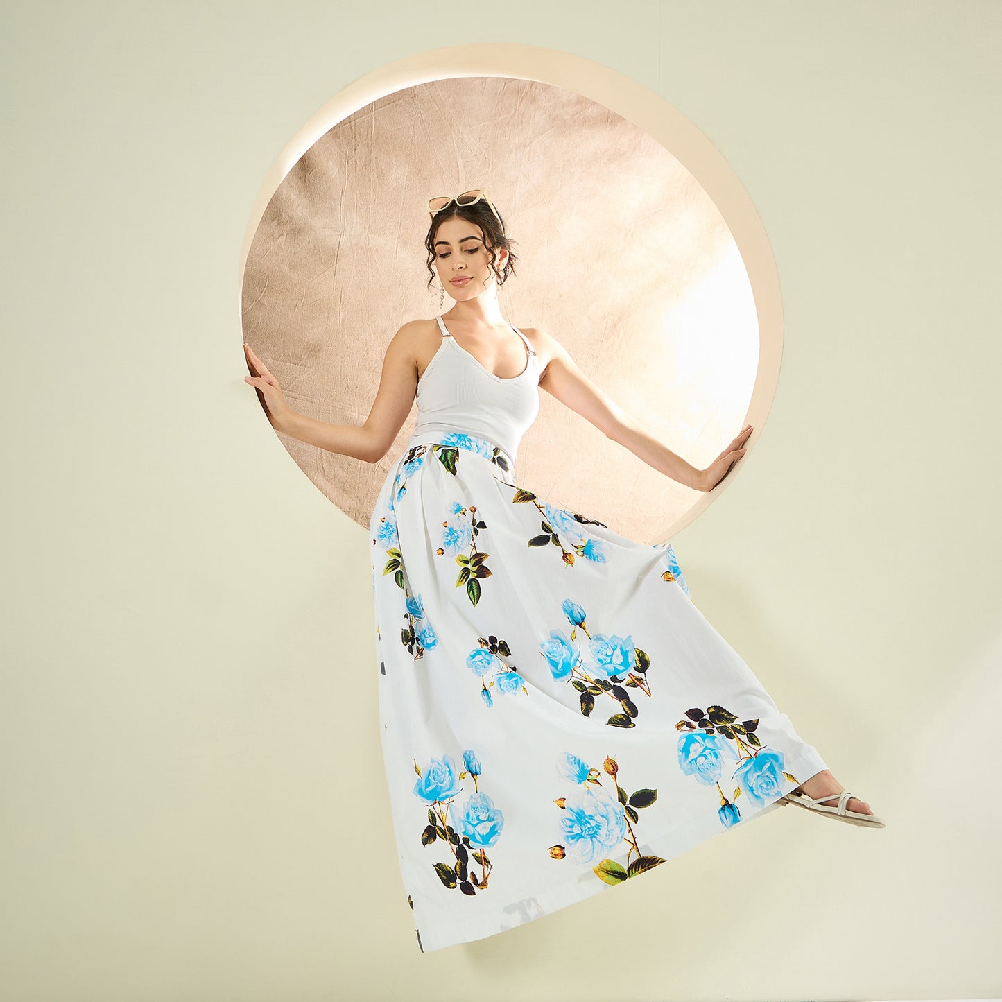 White and Light Blue Floral Long Skirt